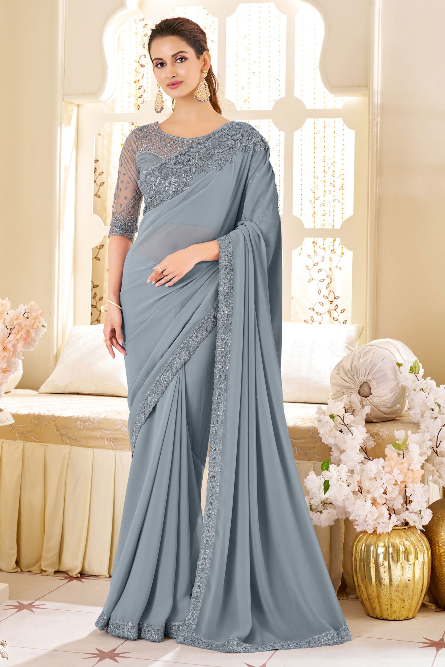 Grey Embroidered Shimmer Georgette Saree-ZB133557_1_SareeButa.com