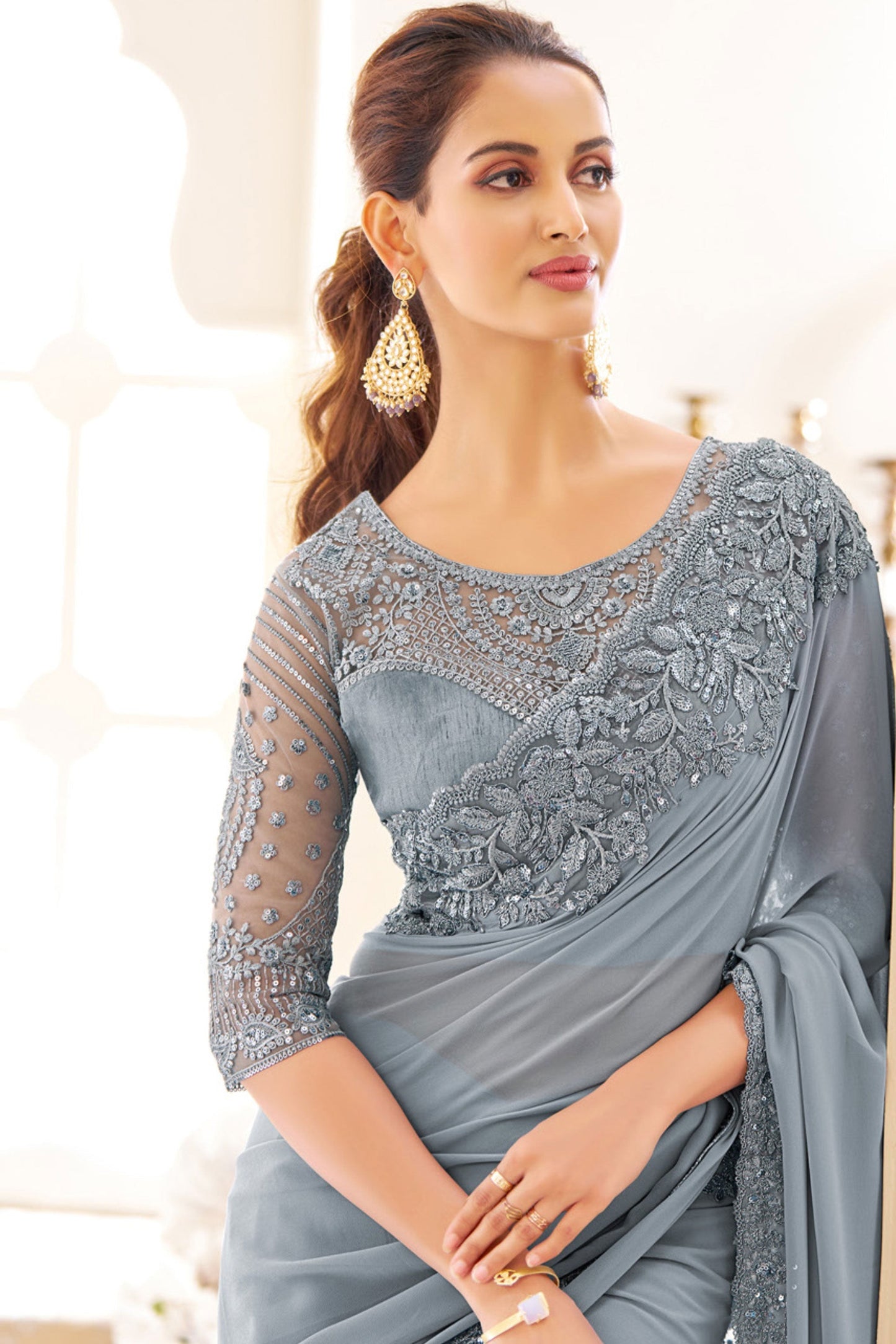 Grey Embroidered Shimmer Georgette Saree-ZB133557_2_SareeButa.com