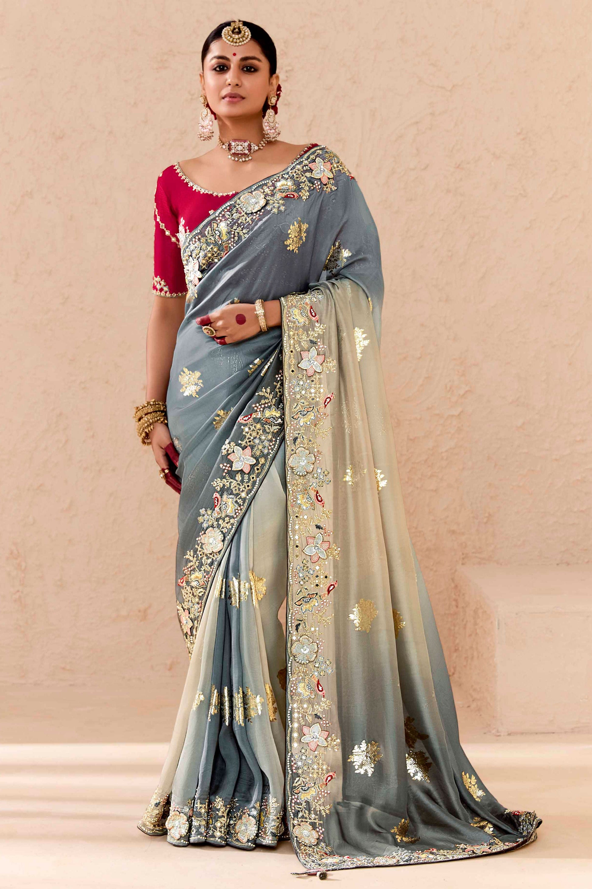 Grey Embroidered Silk Saree-ZB133294_1_SareeButa.Com