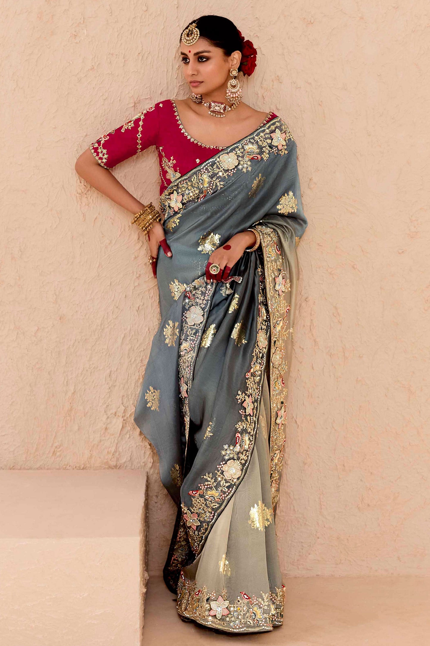 Grey Embroidered Silk Saree-ZB133294_4_SareeButa.Com