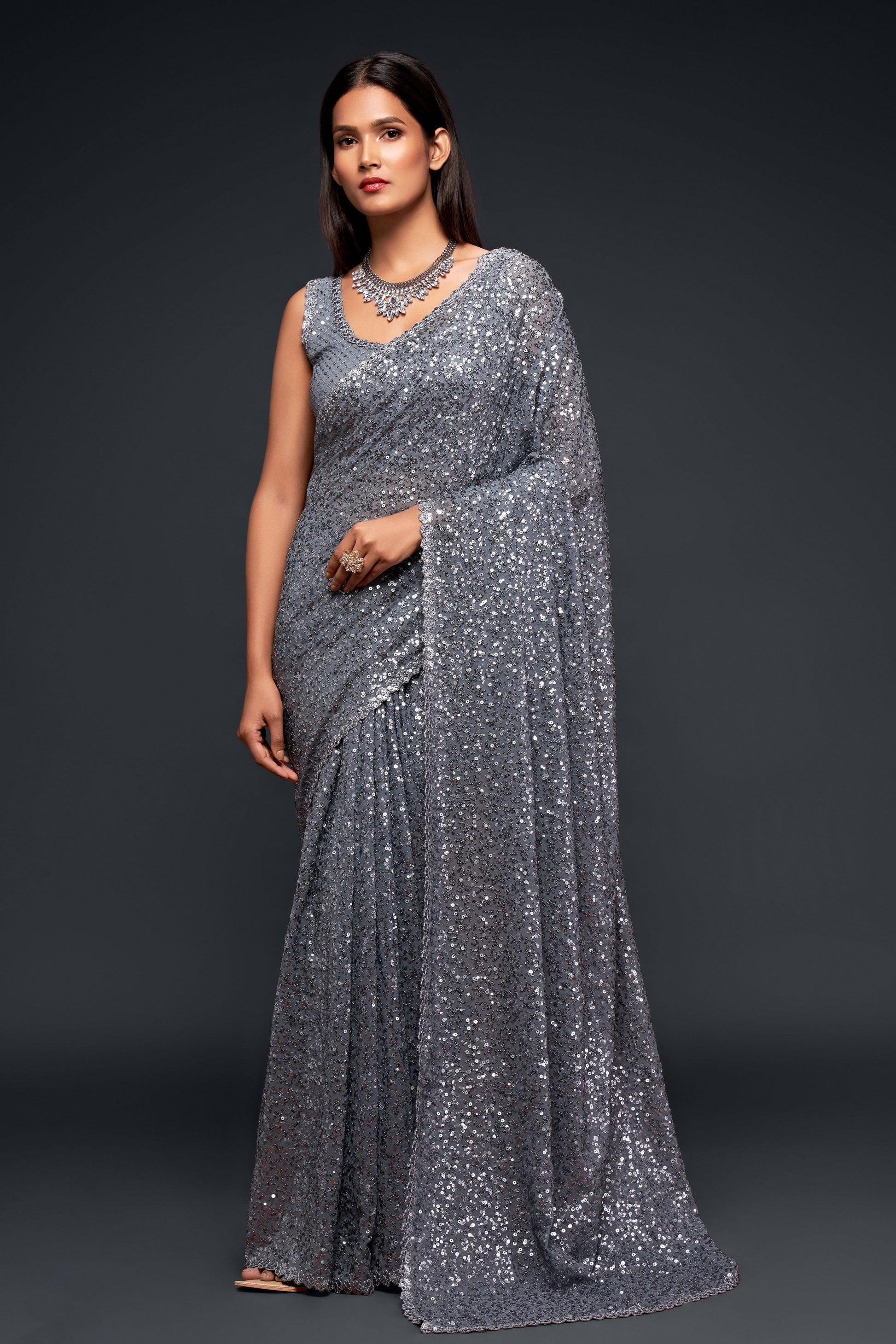 Grey Georgette Sequin Saree-ZB131764_1