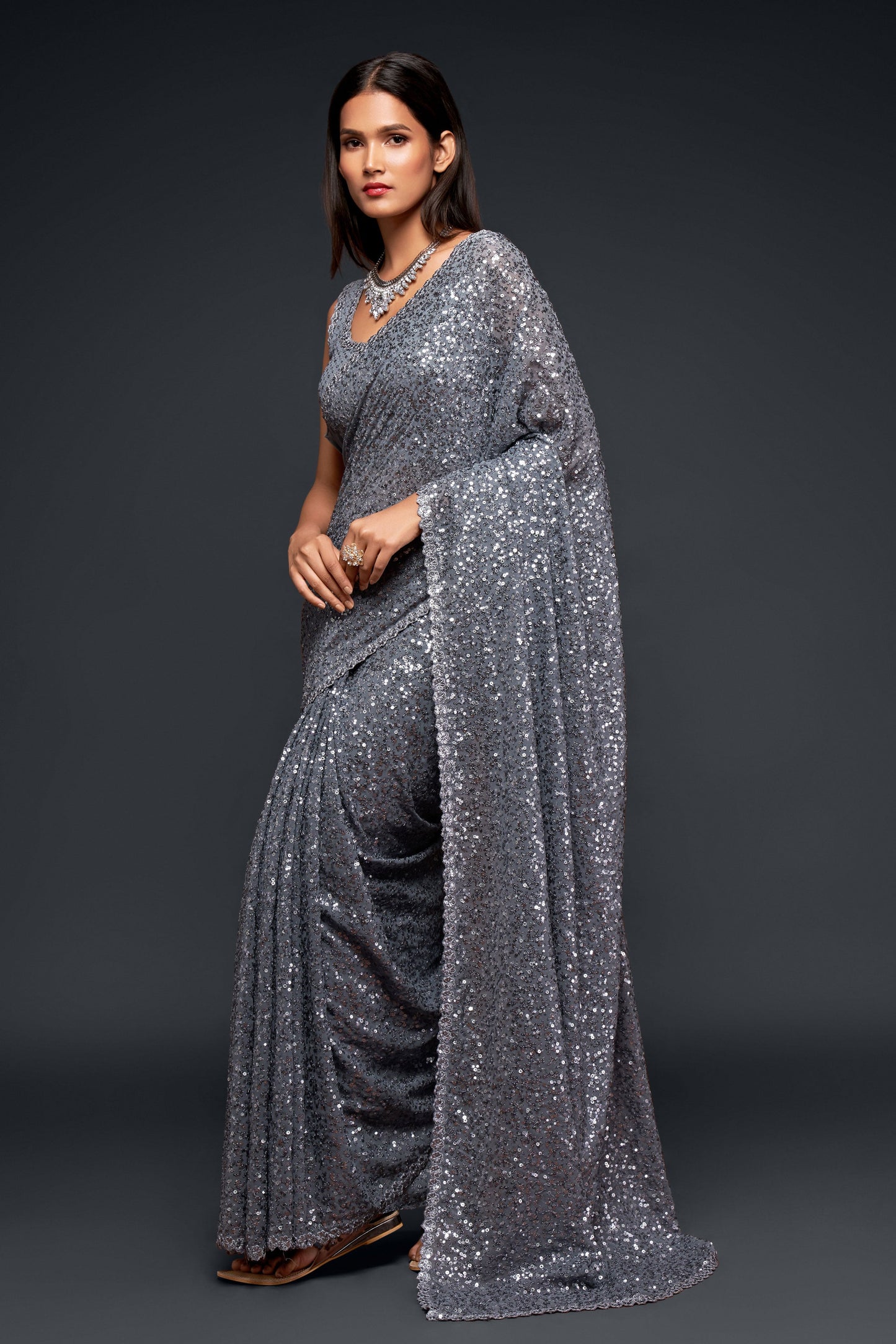 Grey Georgette Sequin Saree-ZB131764_3