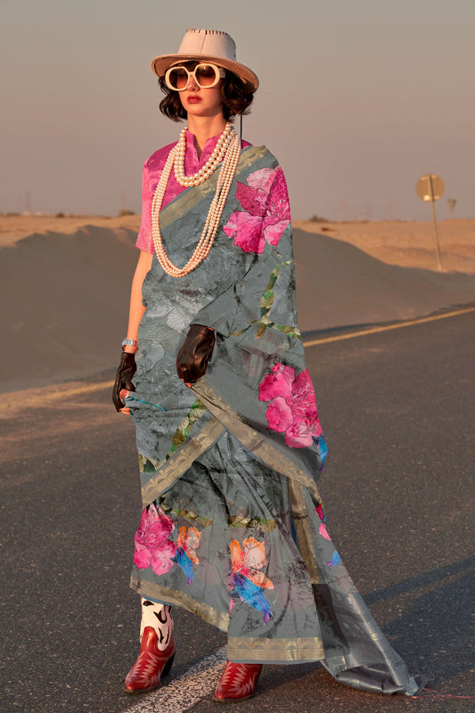 Grey Printed Tussar Silk Saree-ZB131730_1