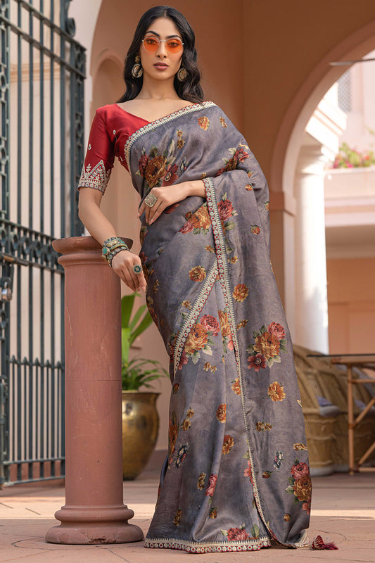 Grey Printed Viscose Silk Saree with Lace Border-ZB134632_1_SareeButa.com