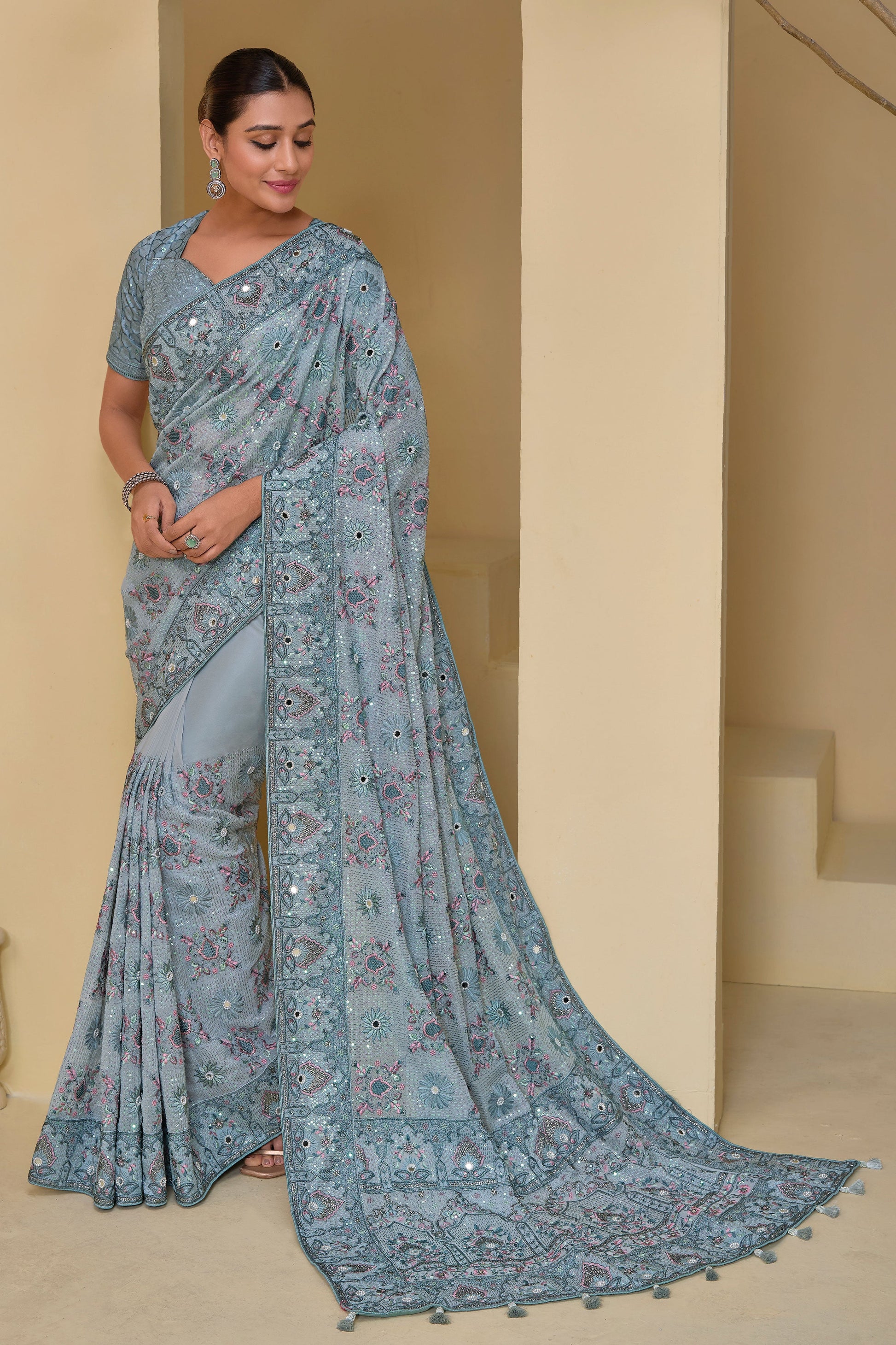 Grey Pure Banarasi Tuscany Saree-ZB132784_1