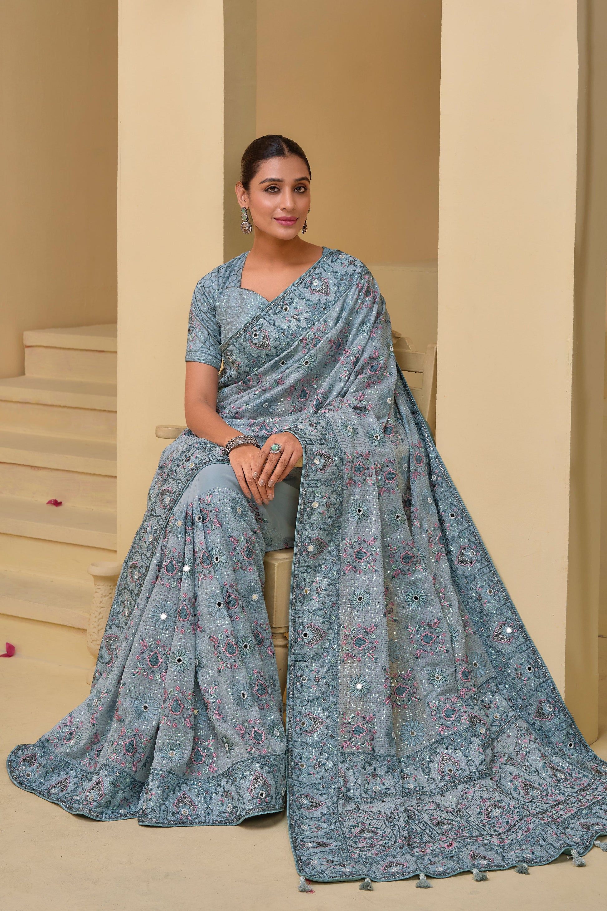 Grey Pure Banarasi Tuscany Saree-ZB132784_3