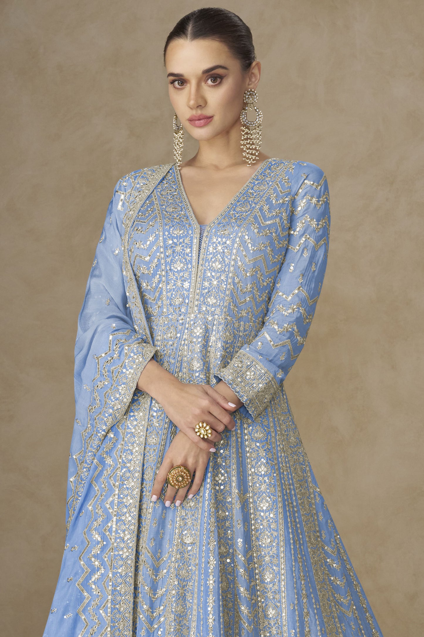 Grey Readymade Chinon Silk Gown with Dupatta