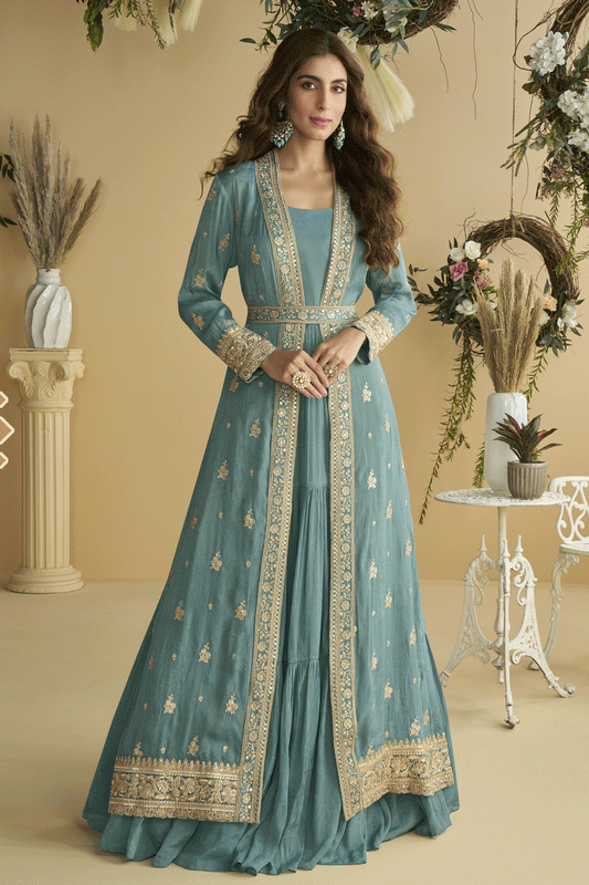 Grey Readymade Chinon Silk Gown with Jacket-SS891_1_SareeButa.com