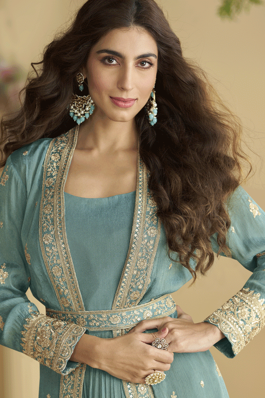 Grey Readymade Chinon Silk Gown with Jacket-SS891_2_SareeButa.com