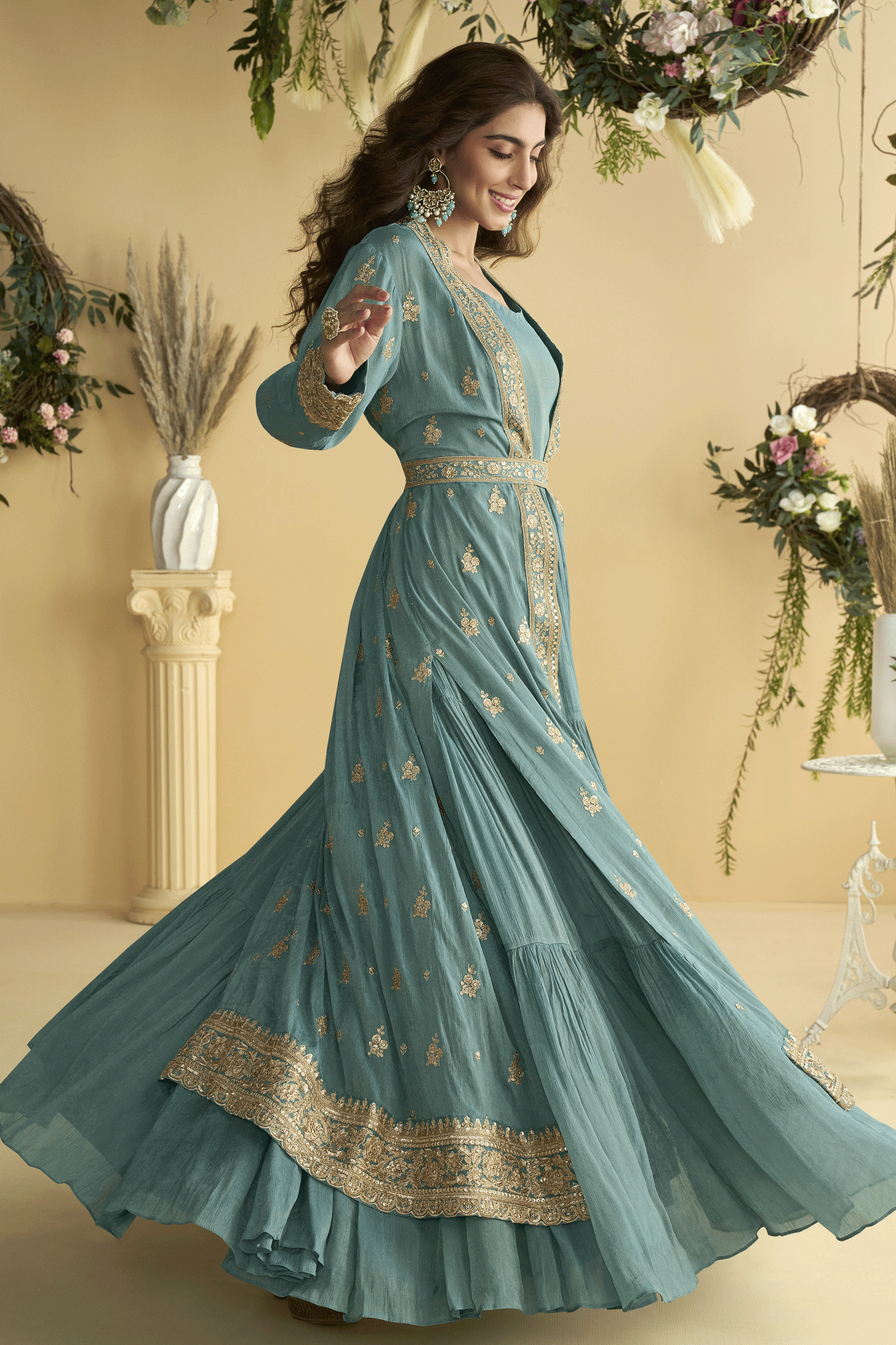 Grey Readymade Chinon Silk Gown with Jacket-SS891_3_SareeButa.com