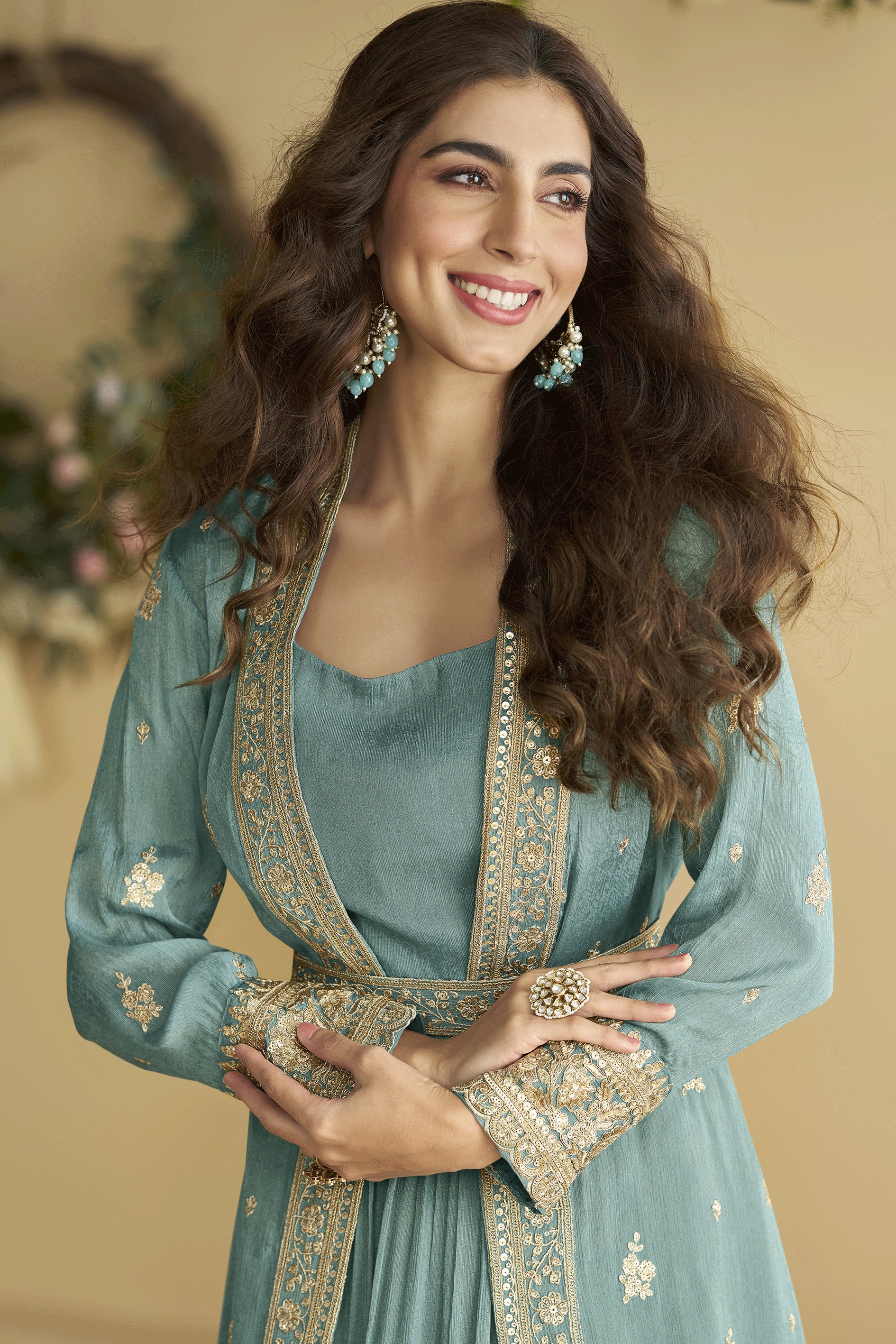 Grey Readymade Chinon Silk Gown with Jacket-SS891_4_SareeButa.com
