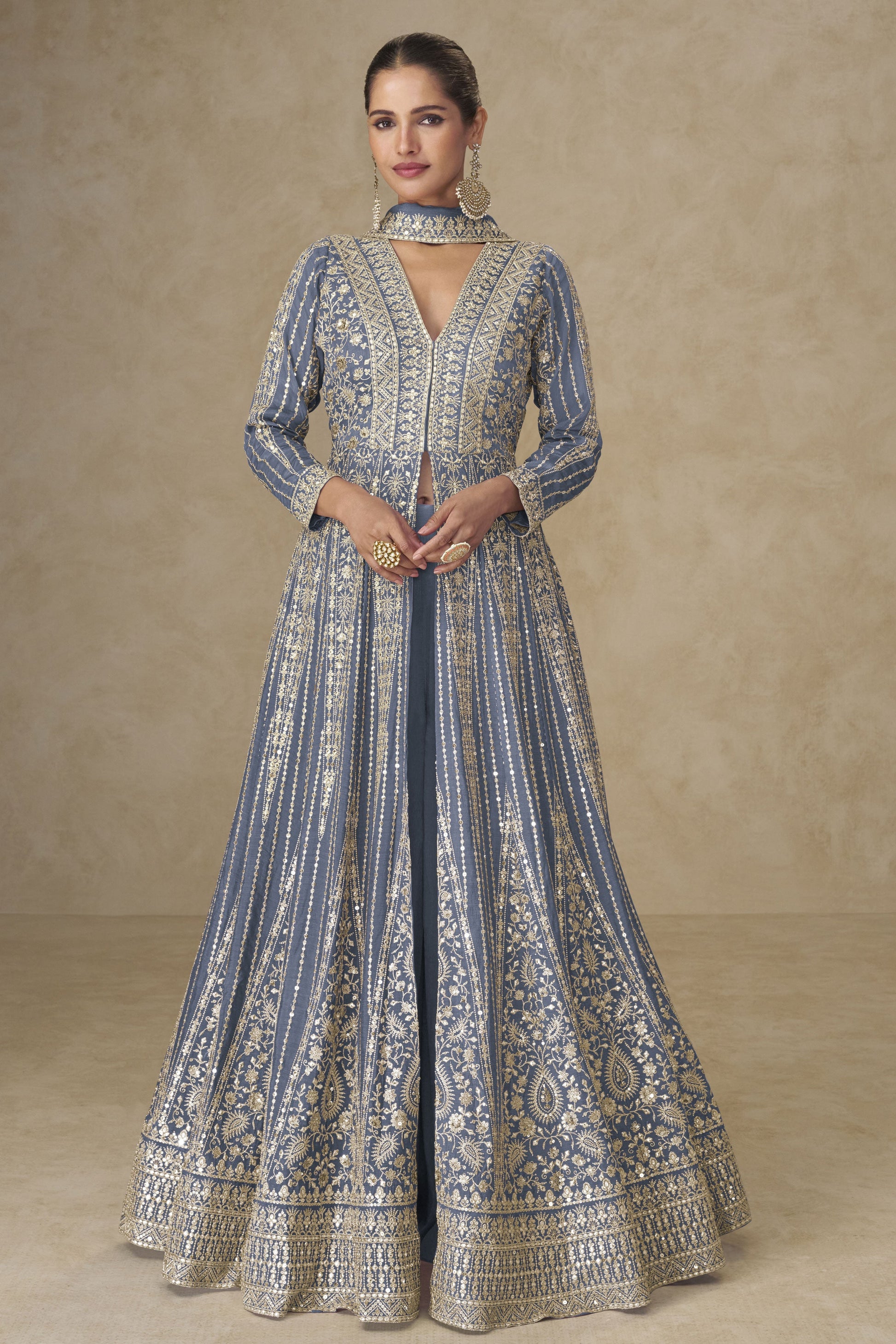 Grey Readymade Embroidered Chinon Palazzo Suit-SS949_1_SareeButa.com