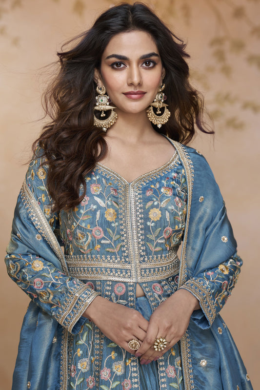 Grey Readymade Embroidered Silk Skirt Suit-SS832_2_SareeButa.com