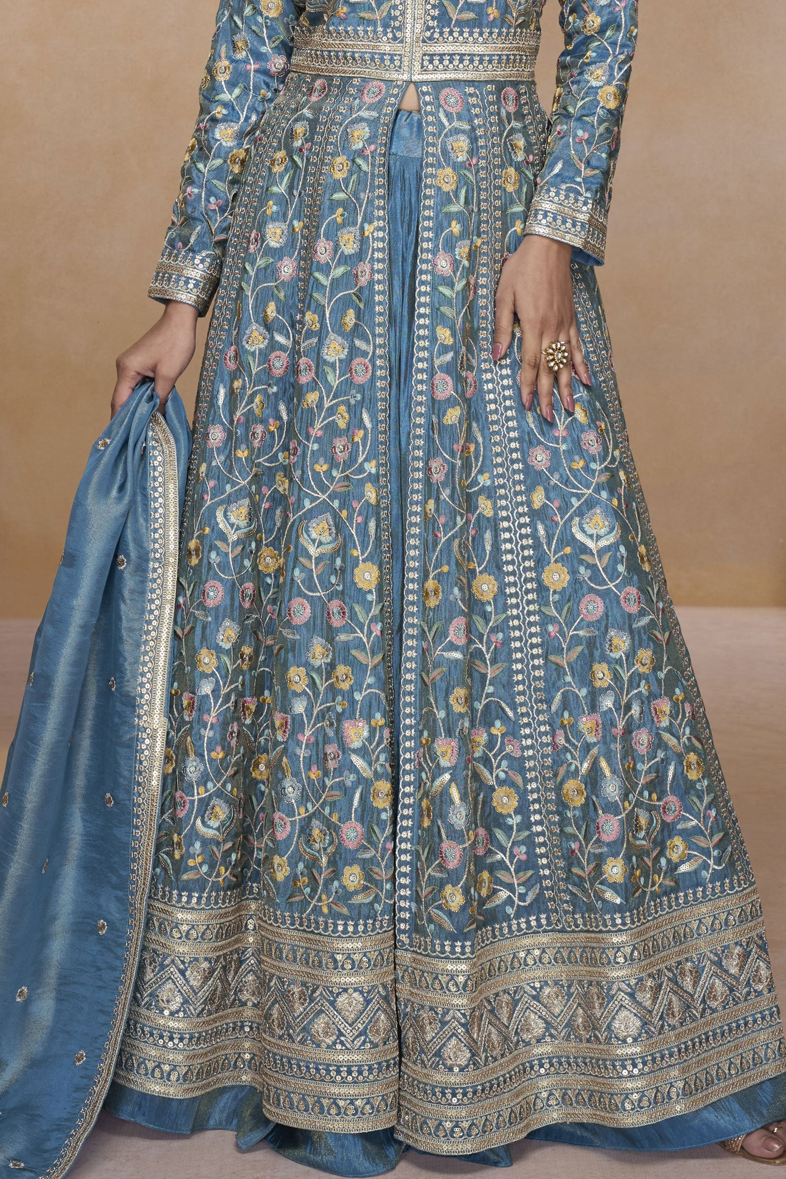 Grey Readymade Embroidered Silk Skirt Suit-SS832_3_SareeButa.com