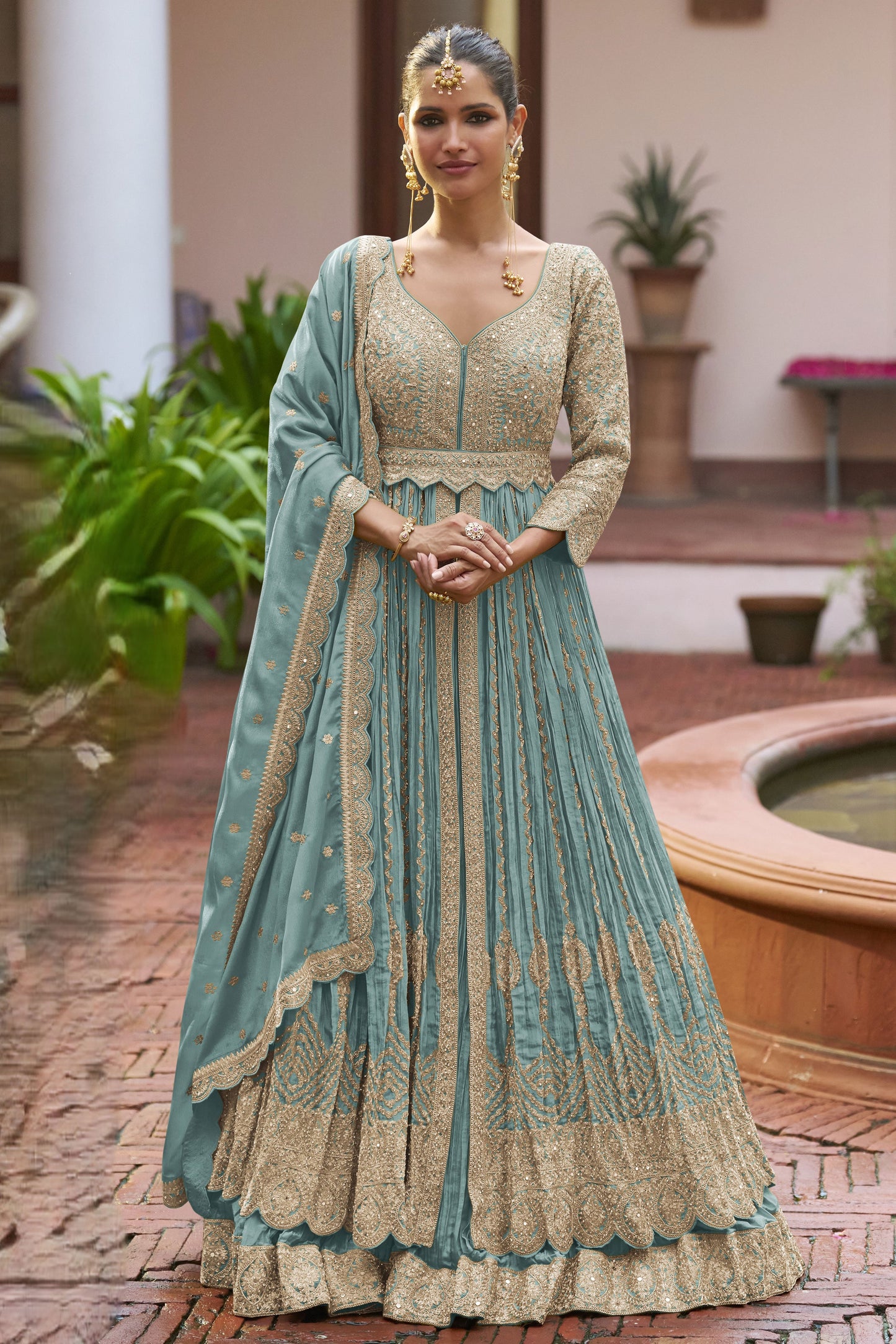 Grey Readymade Heavy Work Chinon Skirt Suit-SS939_1_SareeButa.com