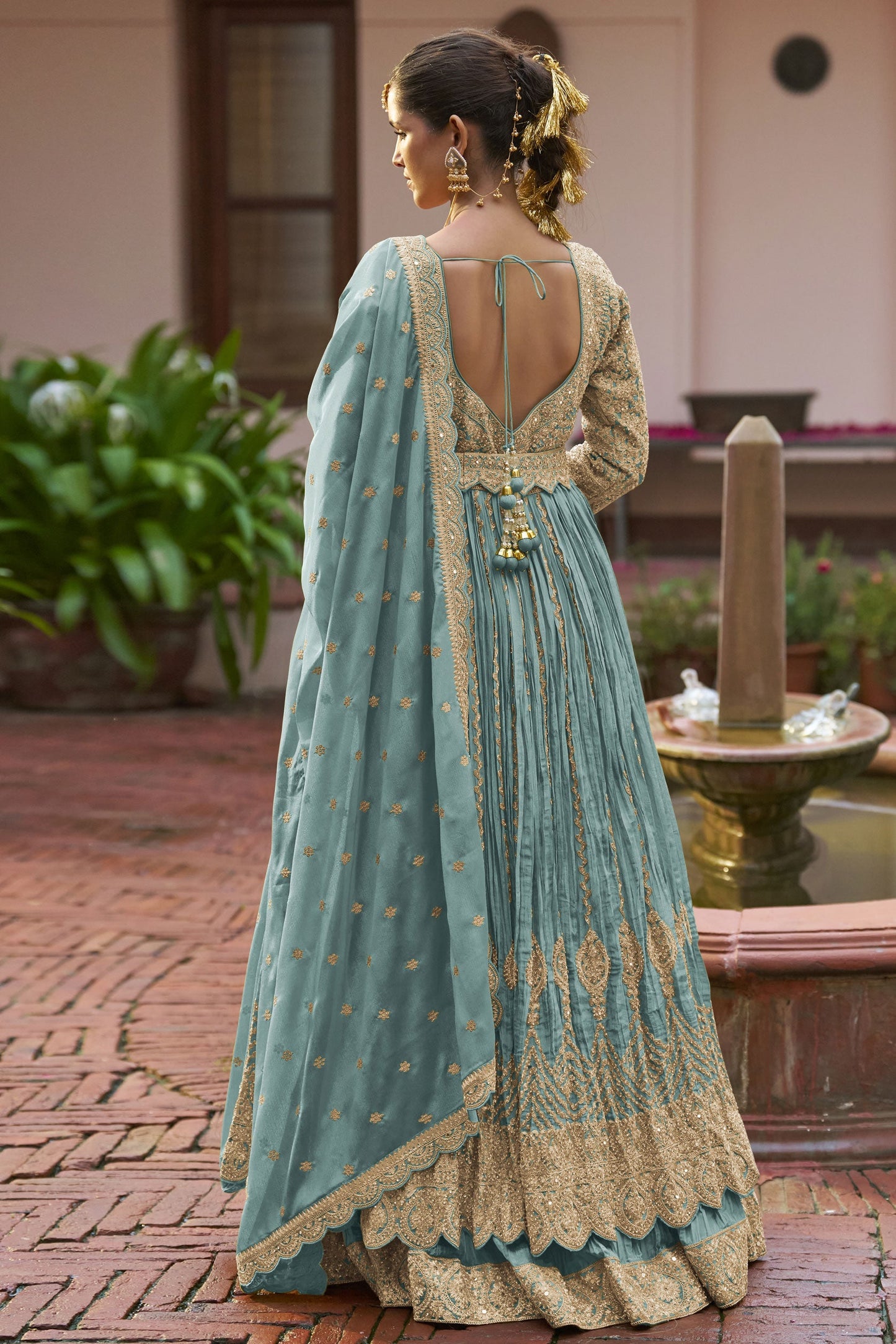 Grey Readymade Heavy Work Chinon Skirt Suit-SS939_3_SareeButa.com