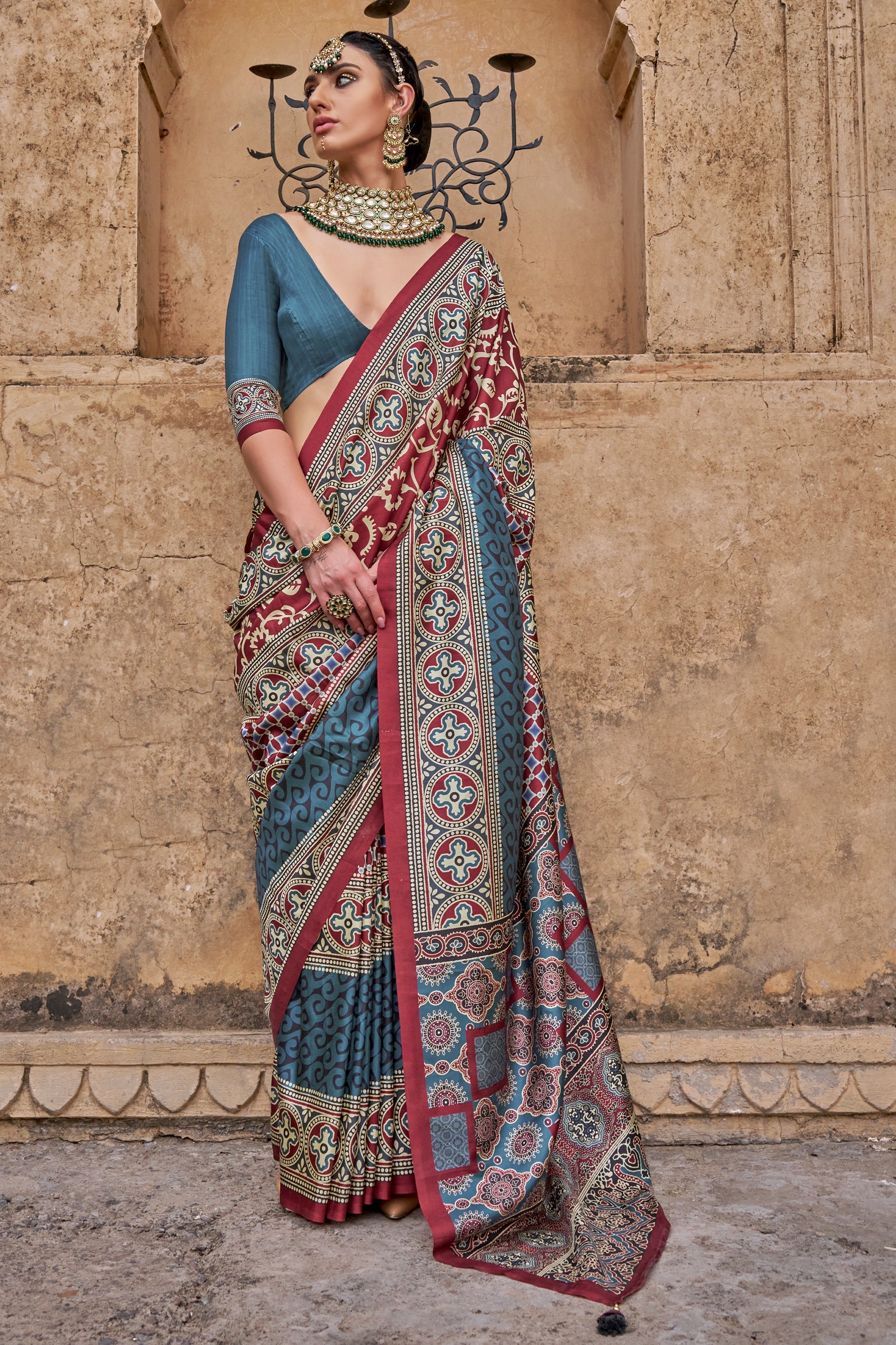 Grey Ajarakh Printed Viscose SIlk Saree-SAR10144_1_SareeButa.com