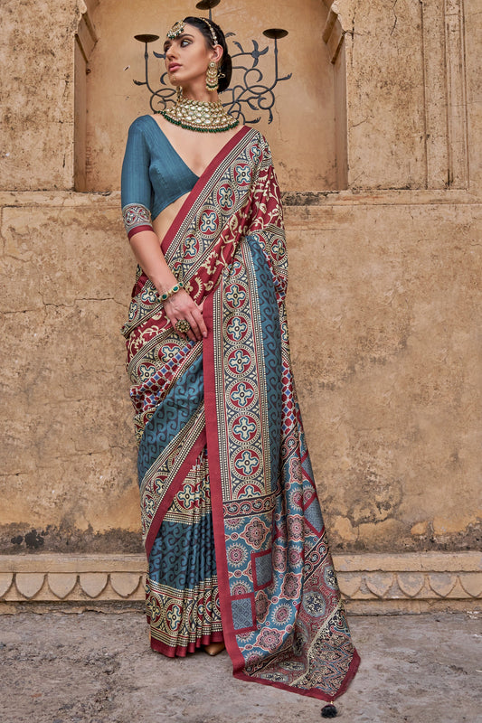Grey Ajarakh Printed Viscose SIlk Saree-SAR10144_1_SareeButa.com