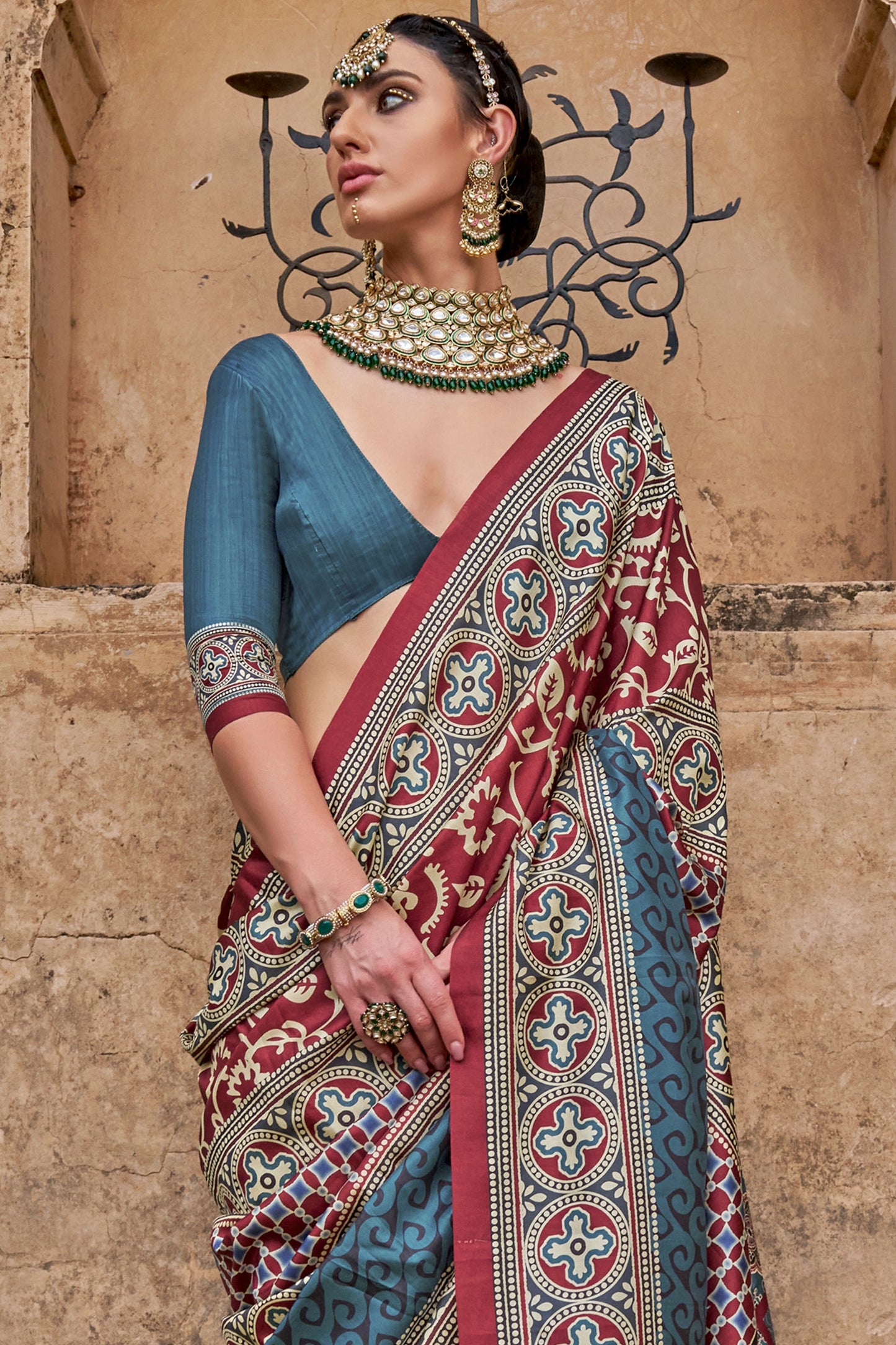 Grey Ajarakh Printed Viscose SIlk Saree-SAR10144_3_SareeButa.com