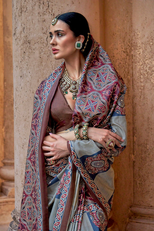 Grey Ajarakh Printed Viscose Saree-SAR10148_2_SareeButa.com