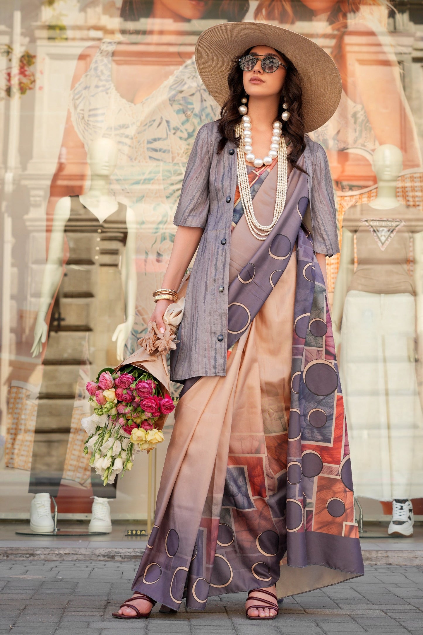 Grey And Beige Printed Silk Saree-SAR11360_1_SareeButa.com