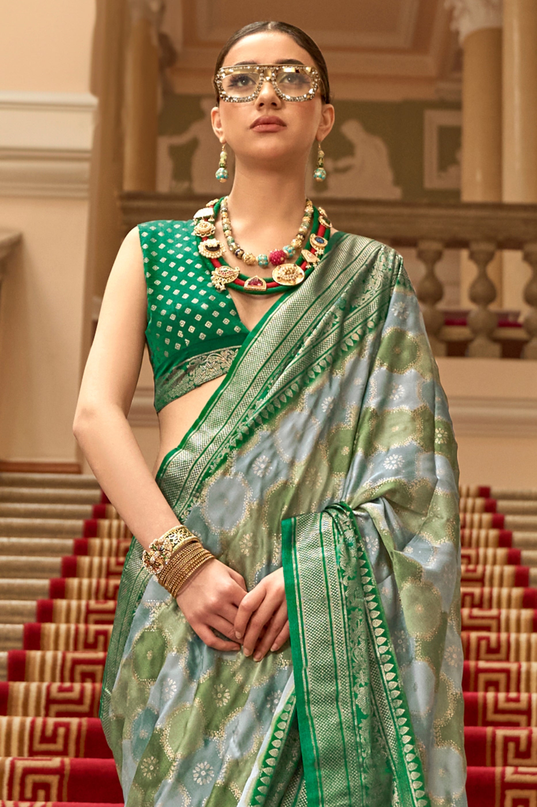 Grey And Green Printed Satin Silk Saree-SAR10184_2_SareeButa.com