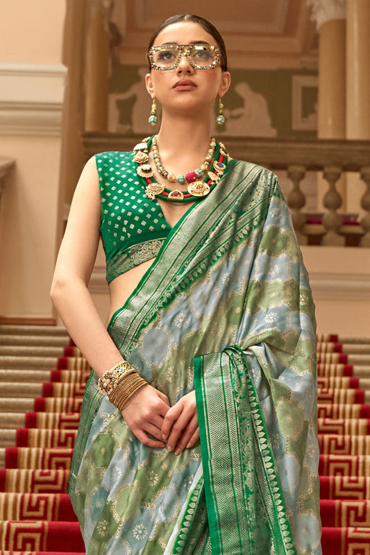 Grey And Green Printed Satin Silk Saree-SAR10184_2_SareeButa.com
