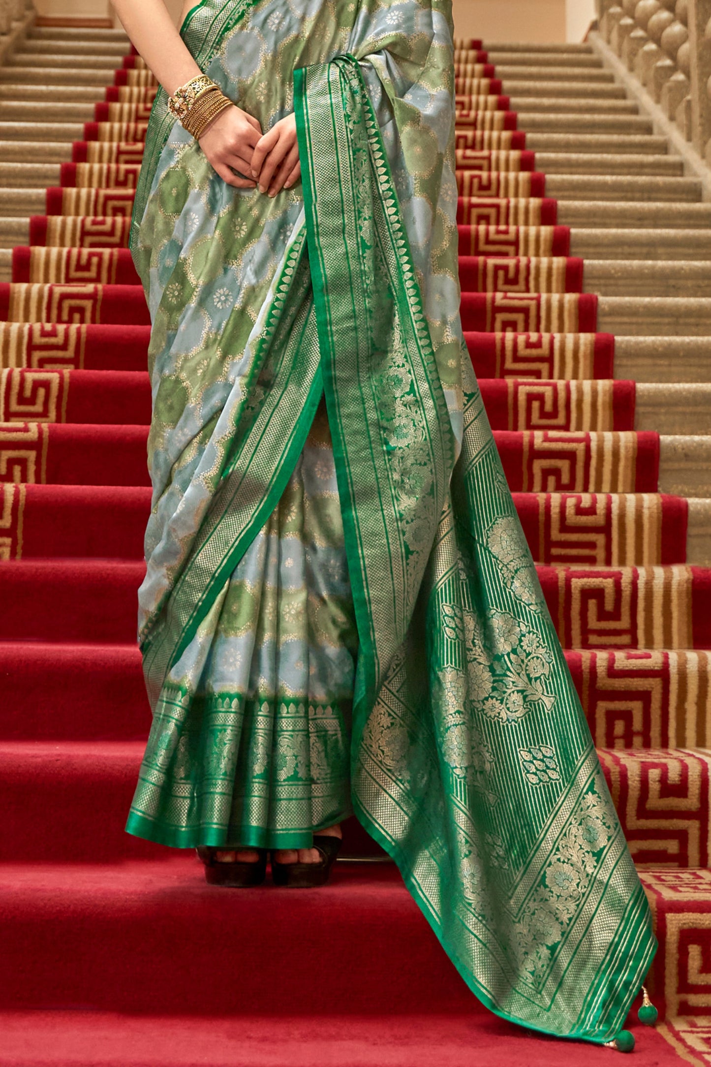 Grey And Green Printed Satin Silk Saree-SAR10184_3_SareeButa.com