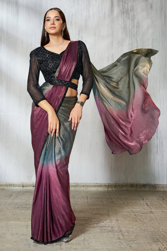 Grey And Wine Satin Silk Readymade Saree-SAR11135_1_SareeButa.com
