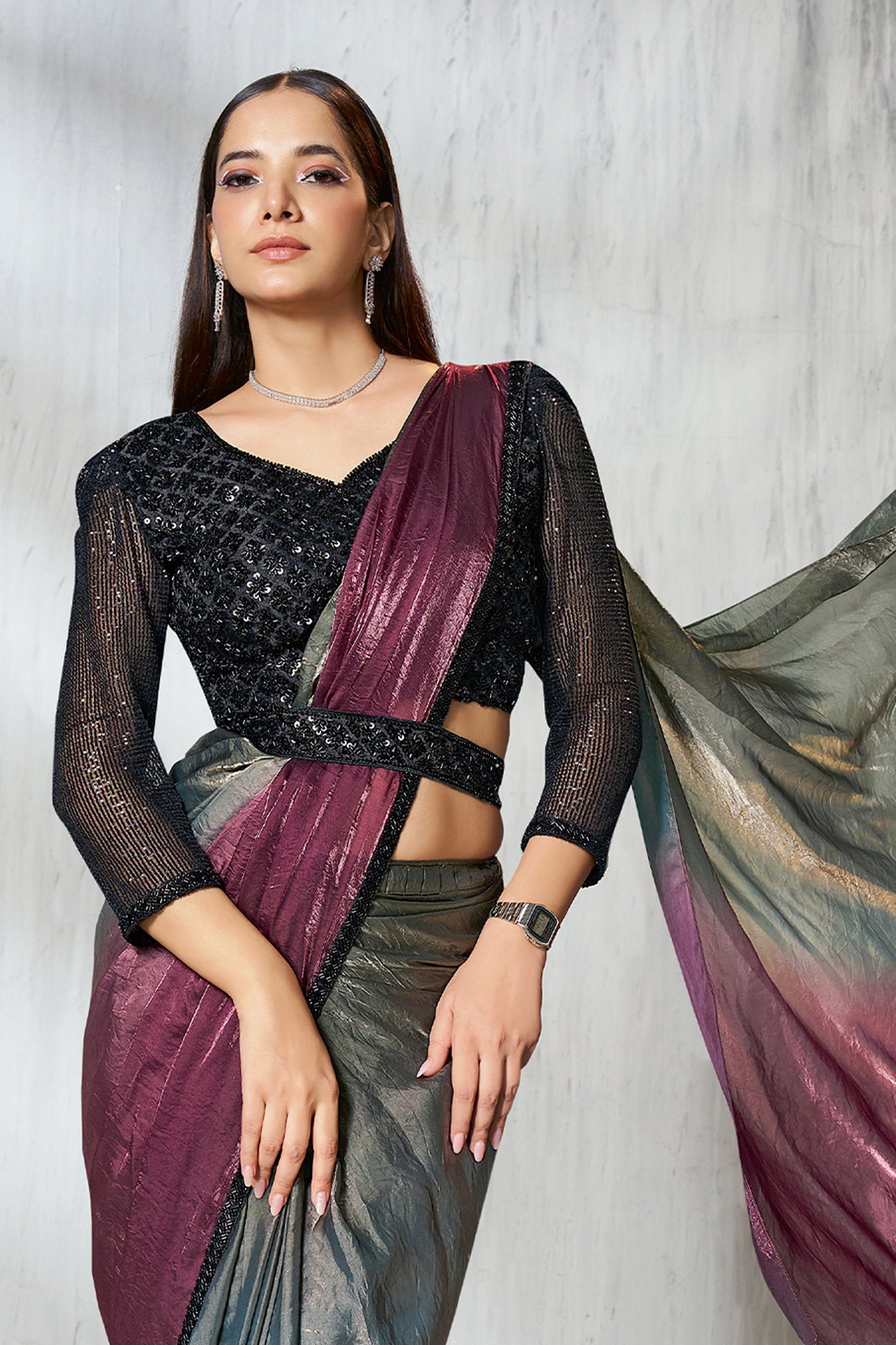 Grey And Wine Satin Silk Readymade Saree-SAR11135_3_SareeButa.com