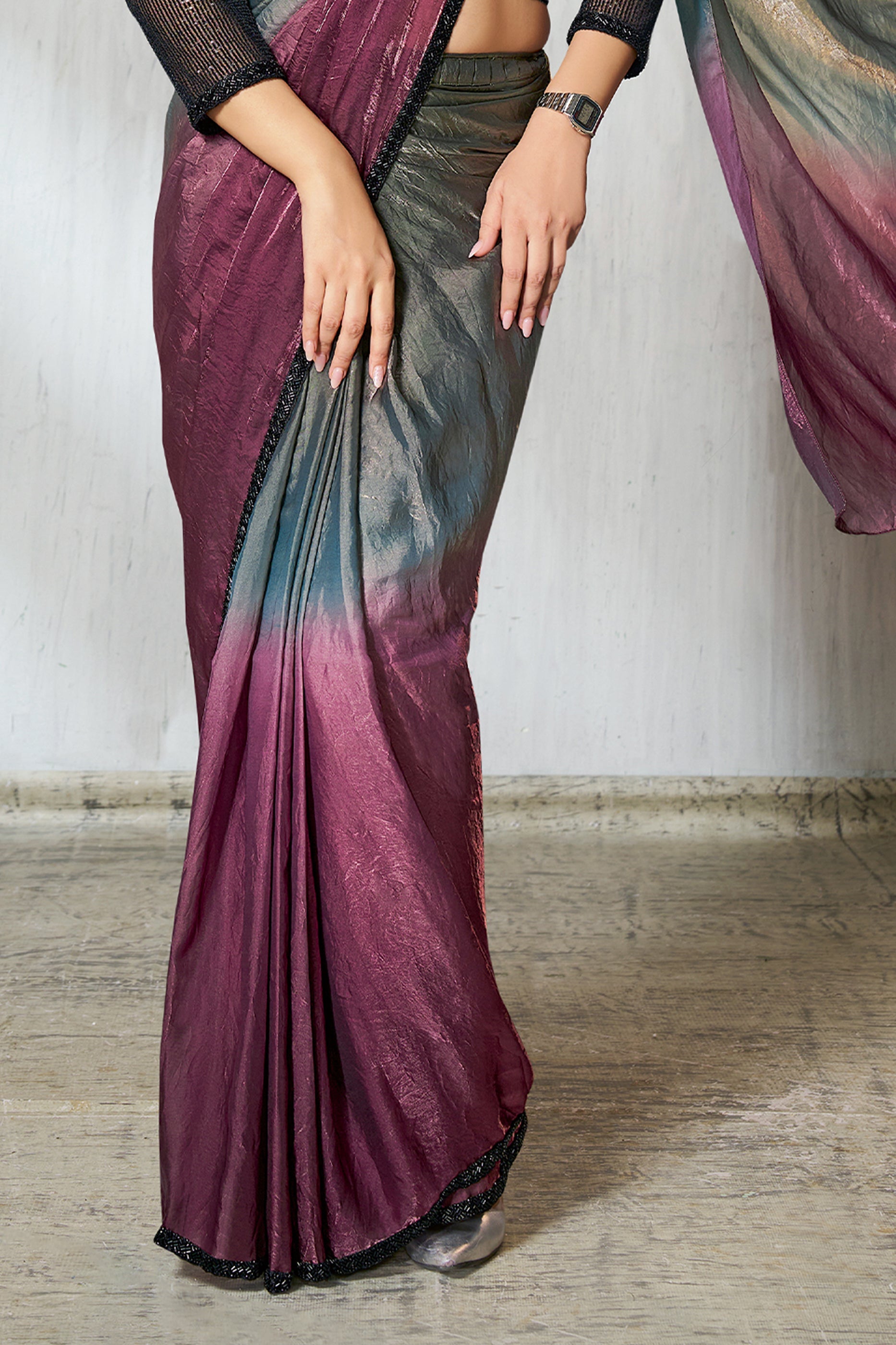 Grey And Wine Satin Silk Readymade Saree-SAR11135_4_SareeButa.com