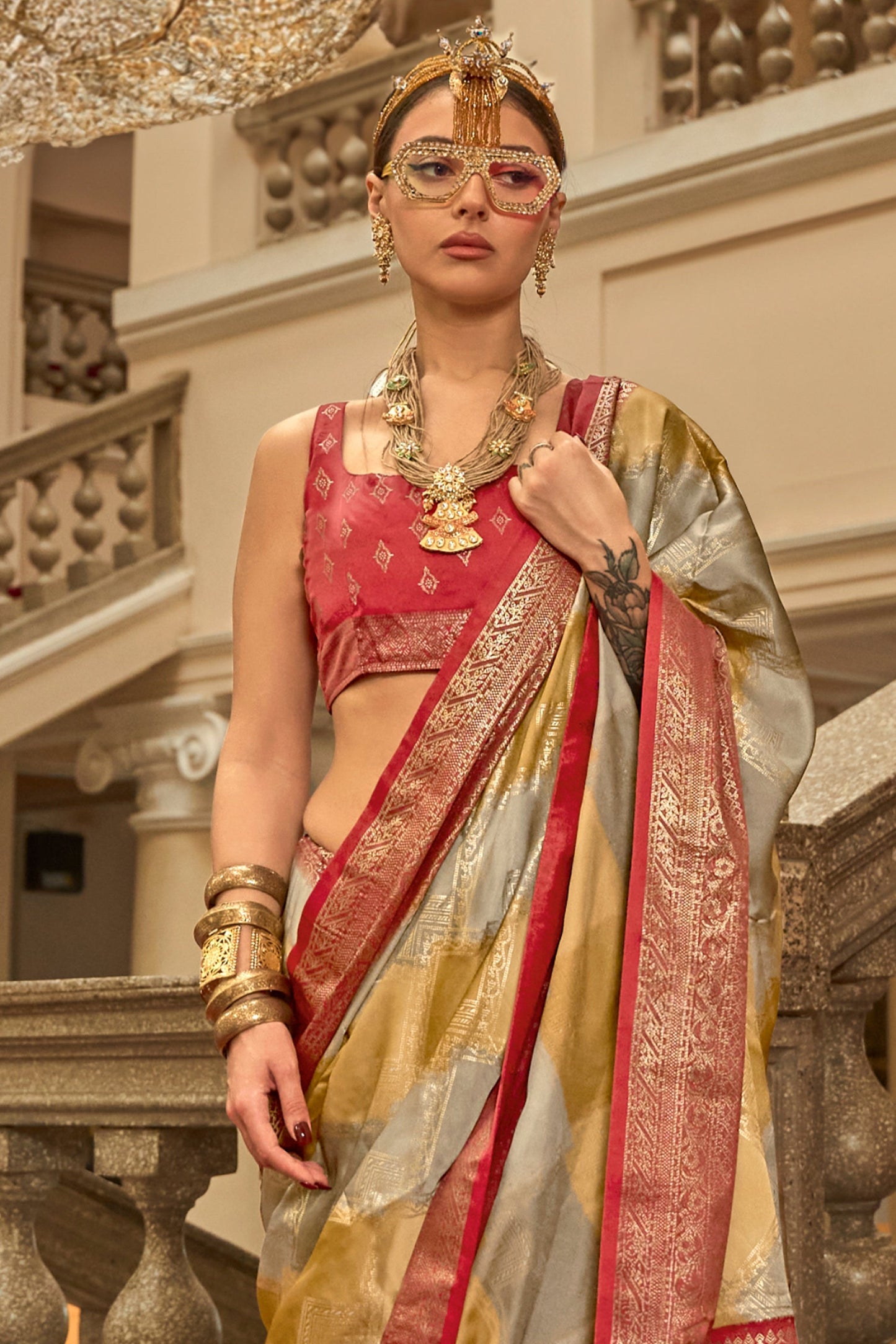 Grey And Yellow Printed Satin Silk Saree-SAR10185_3_SareeButa.com