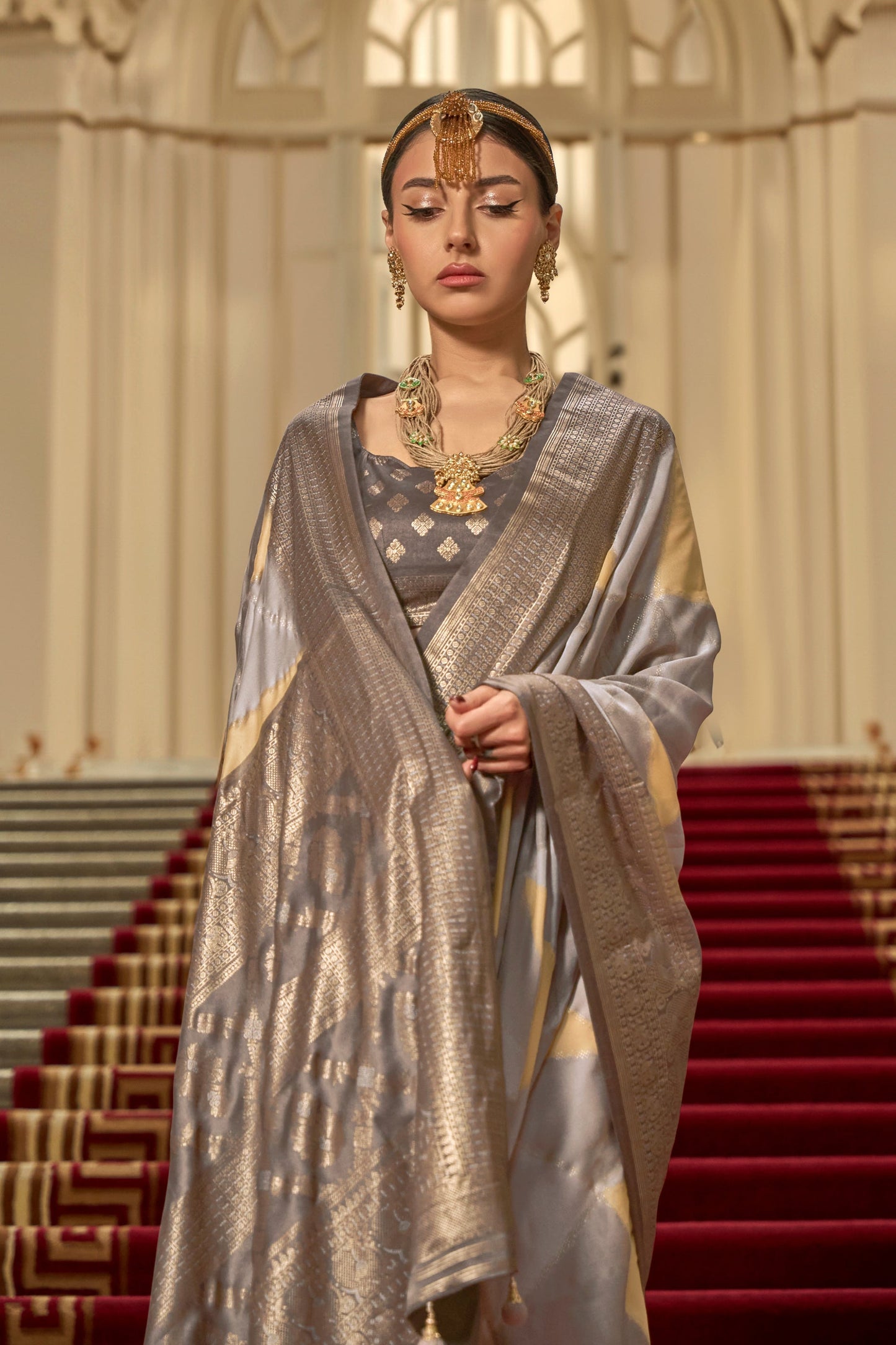 Grey And Yellow Printed Satin Silk Saree-SAR10188_2_SareeButa.com