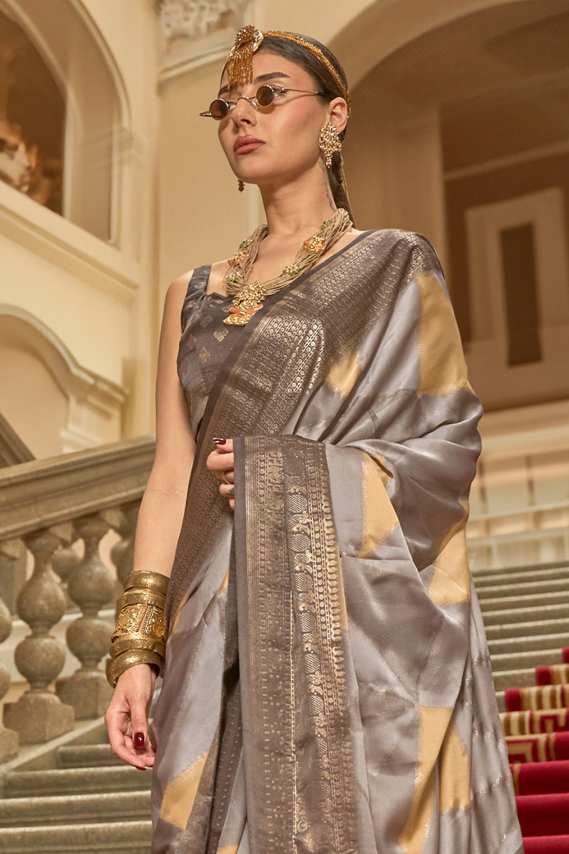 Grey And Yellow Printed Satin Silk Saree-SAR10188_3_SareeButa.com