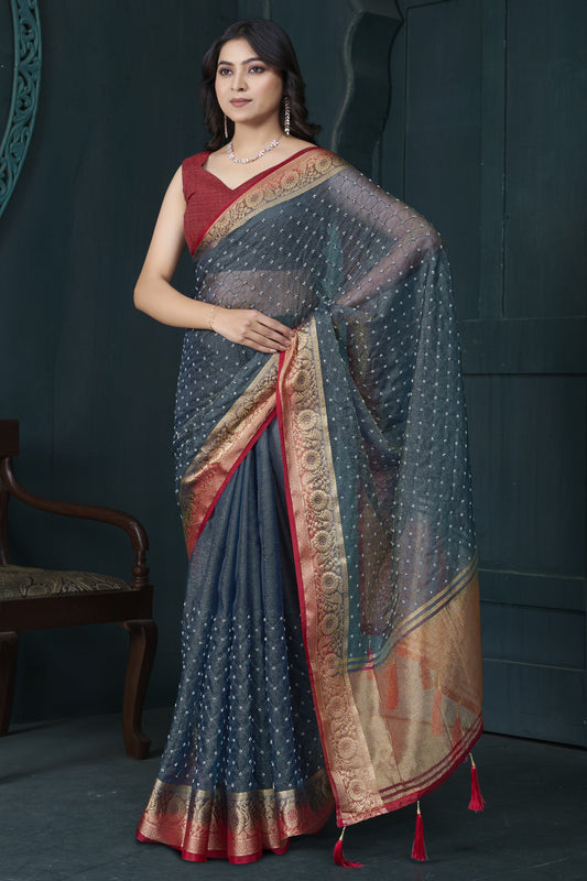 Grey Bead Work Jacquard Saree-ZB134214_1_SareeButa.com