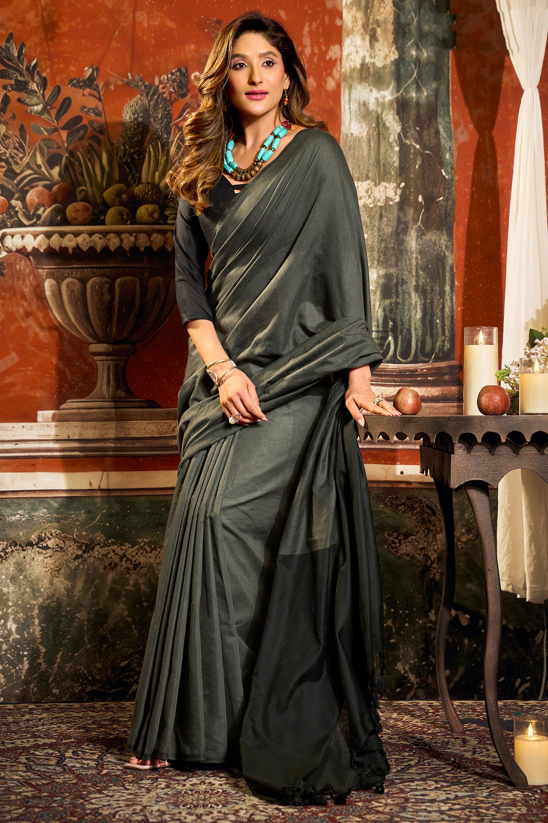 Grey Cotton Saree with Color Block Pallu-SAR12720_3_SareeButa.com