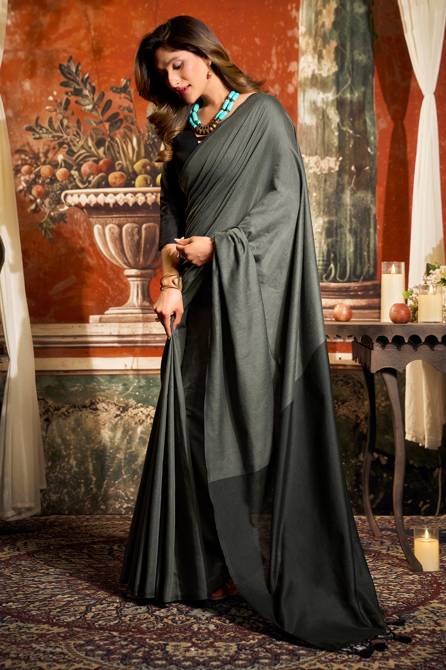 Grey Cotton Saree with Color Block Pallu-SAR12720_4_SareeButa.com