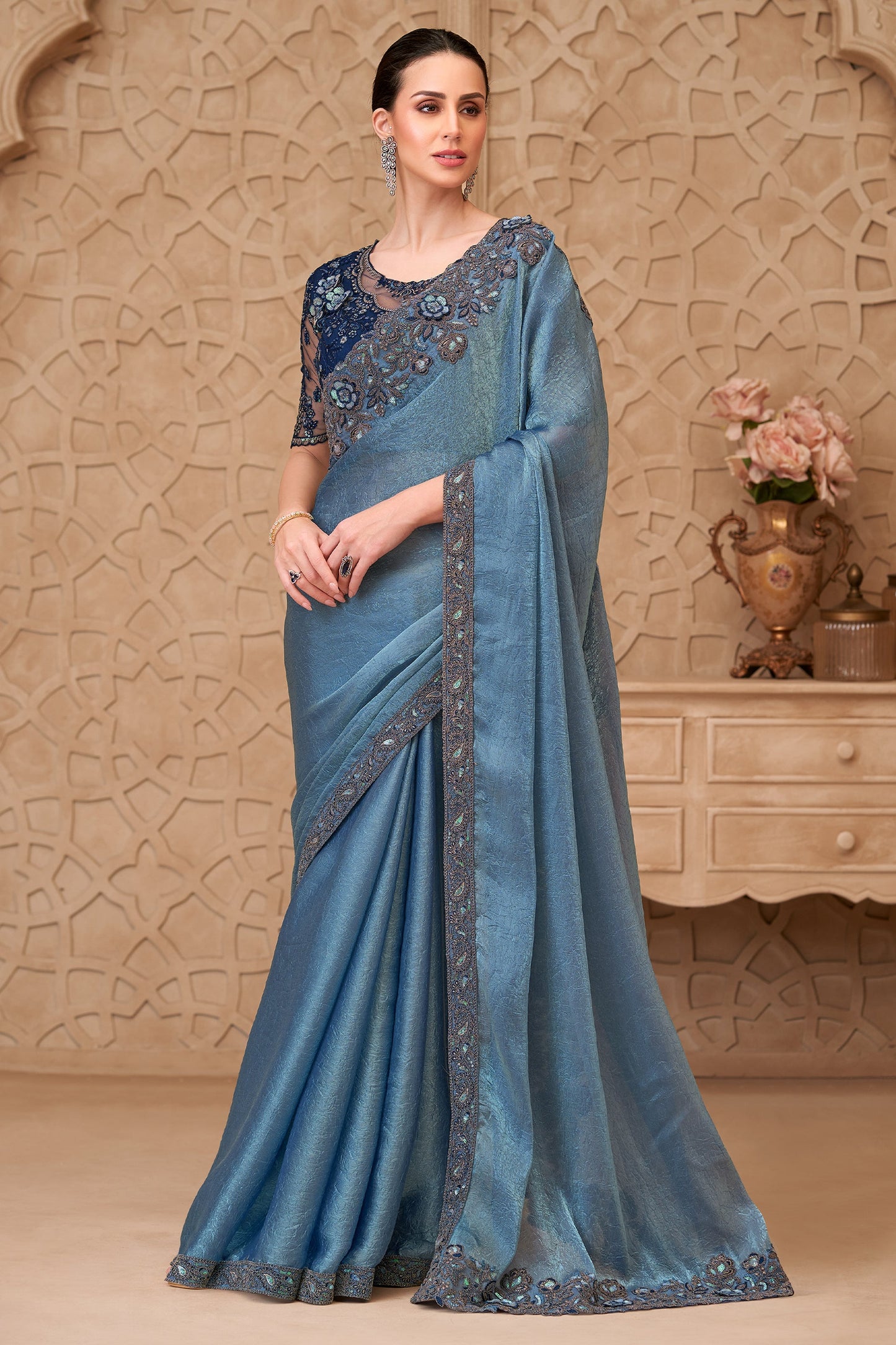 Grey Embroidered Crush Satin Georgette Saree-SAR10587_1_SareeButa.com