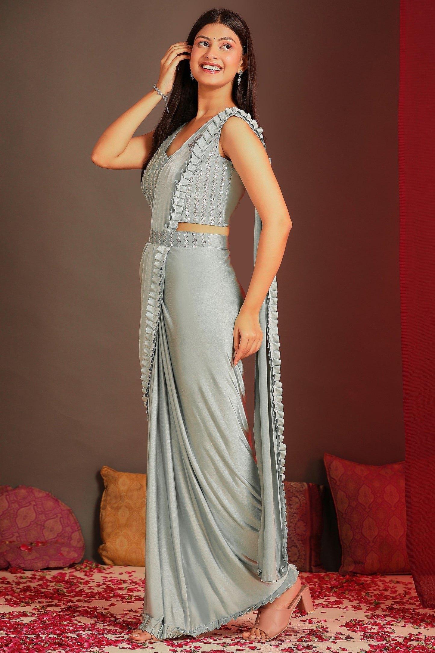 Grey Embroidered Lycra Readymade Saree-ZB133383_2_SareeButa.com