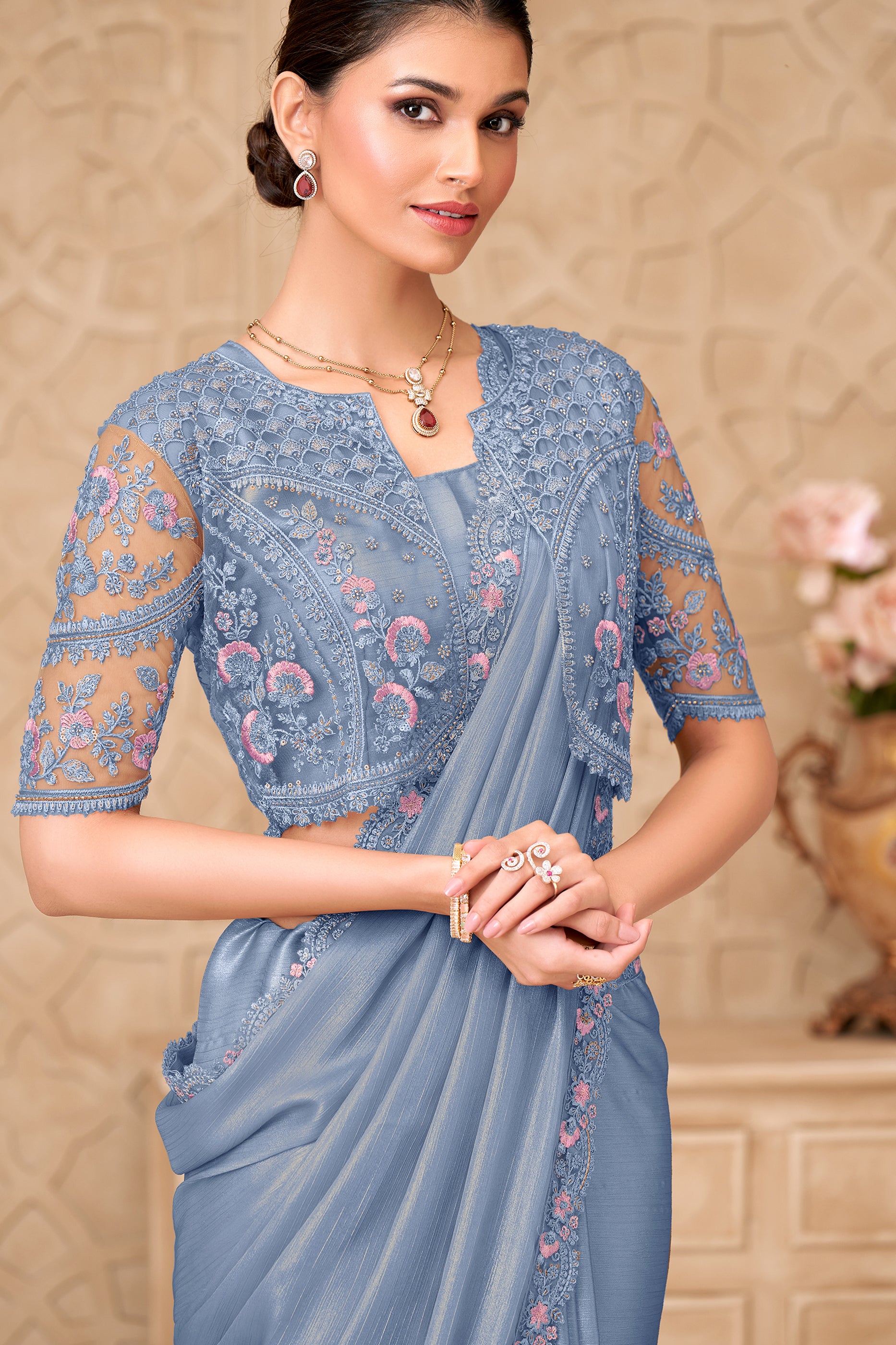 Grey Embroidered Satin Georgette Saree-SAR12468_2_SareeButa.com