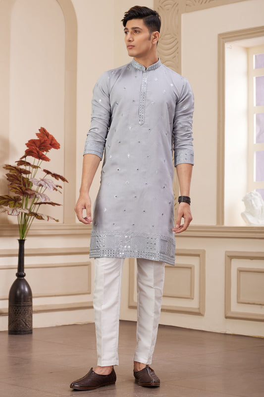 Grey Embroidered Silk Kurta Pajama-MW15_1_SareeButa.com
