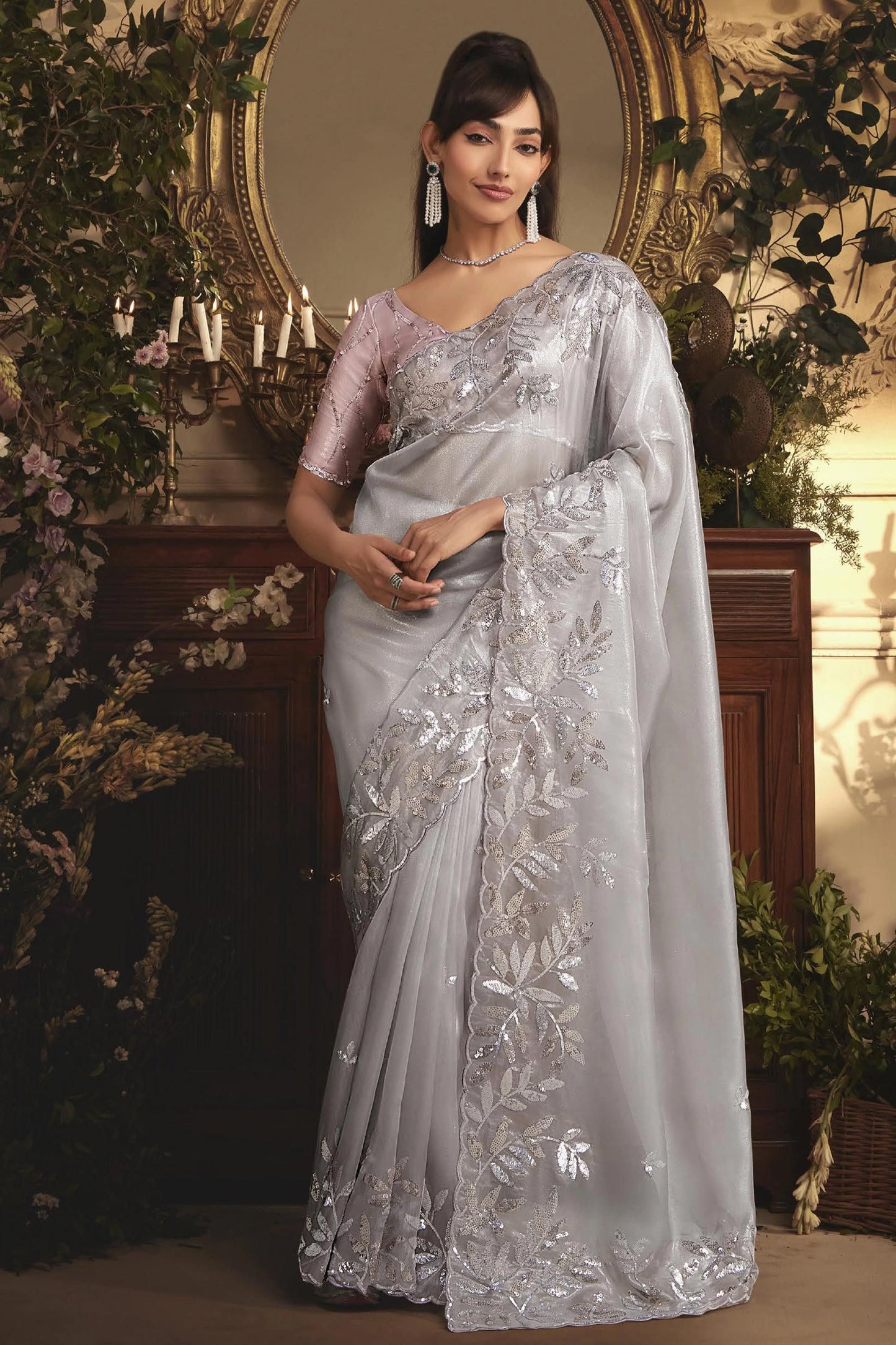 Grey Embroidered Tissue Organza Saree-SAR10242_1_SareeButa.com