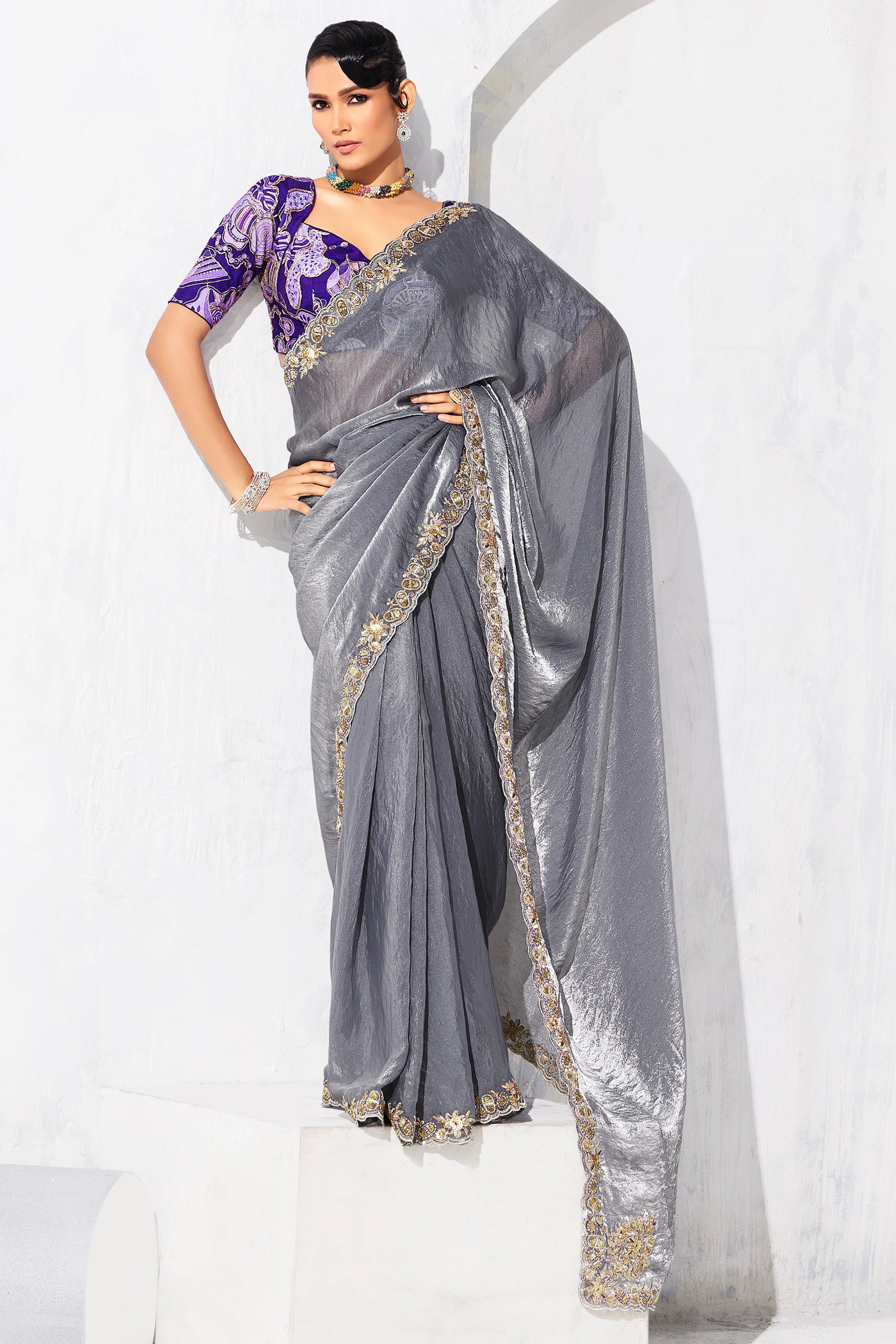 Grey Embroidered Tissue Organza Saree-SAR10567_1_SareeButa.com