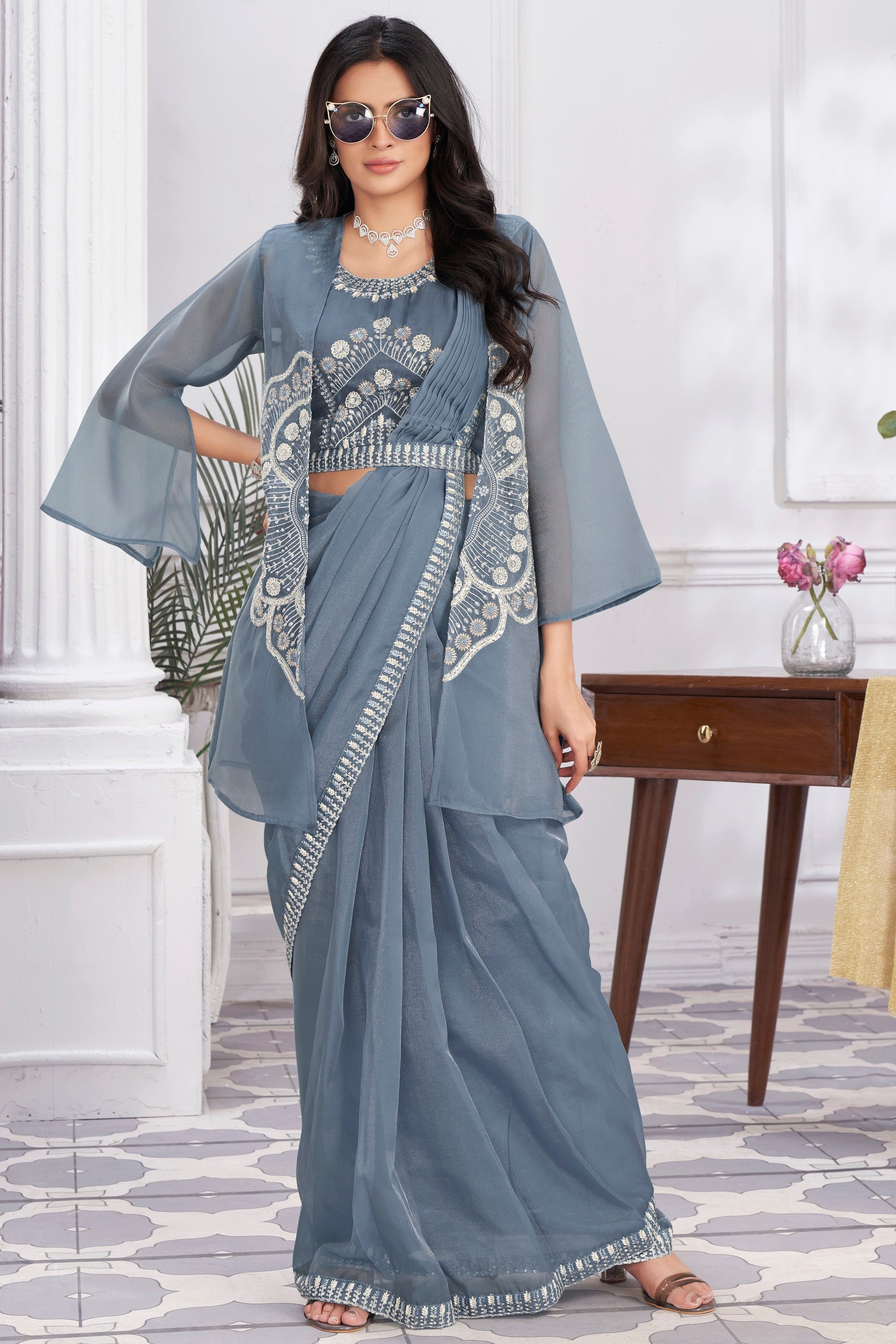 Grey Georgette Readymade Saree With Stitched Blouse-ZB133697_1_SareeButa.com