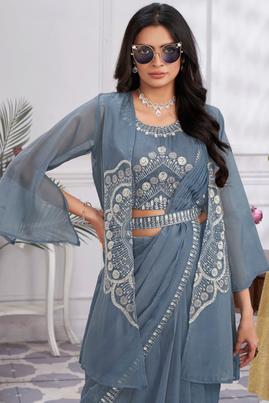 Grey Georgette Readymade Saree With Stitched Blouse-ZB133697_2_SareeButa.com