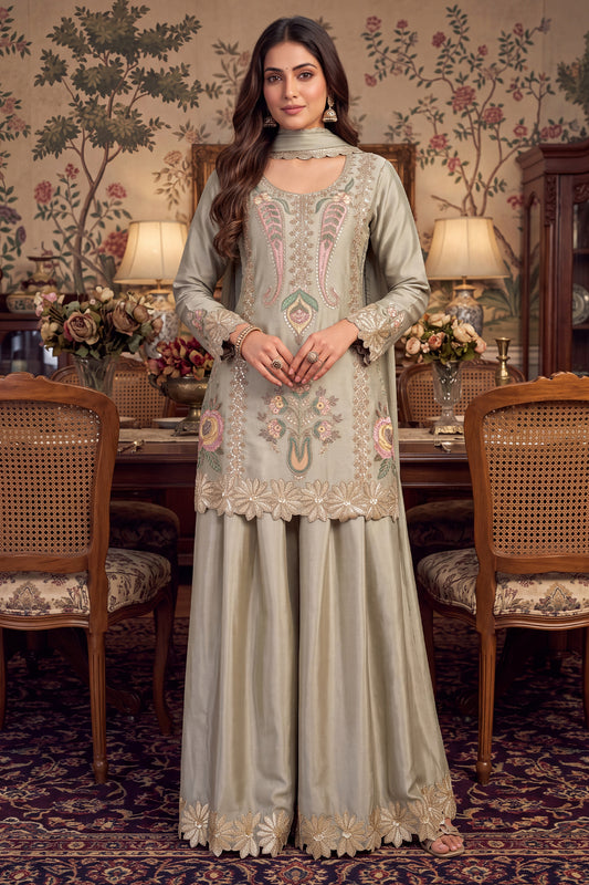 Grey Green Readymade Bead Work Chinon Palazzo Suit-SAR13565_1_SareeButa.com
