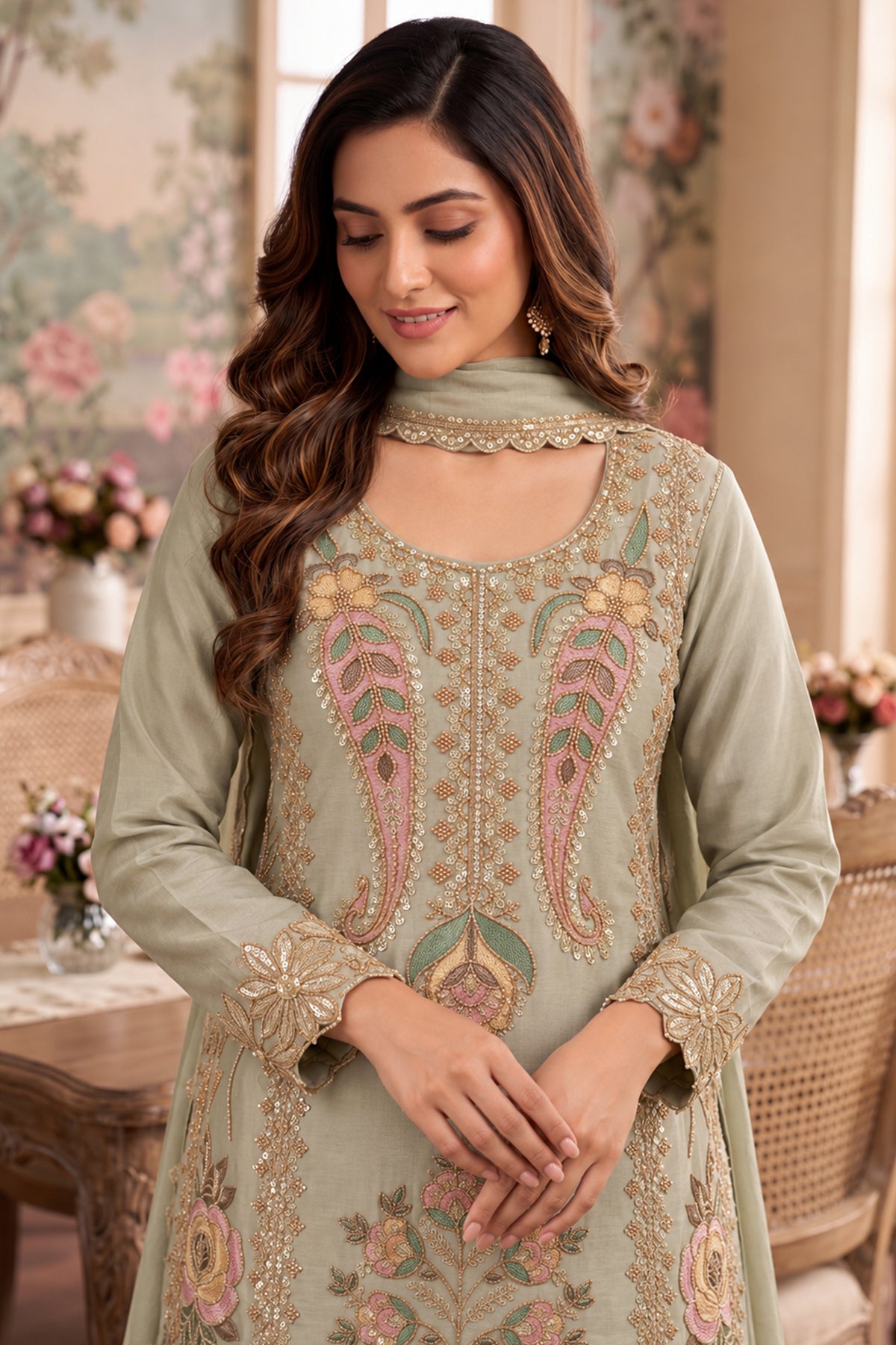 Grey Green Readymade Bead Work Chinon Palazzo Suit-SAR13565_2_SareeButa.com