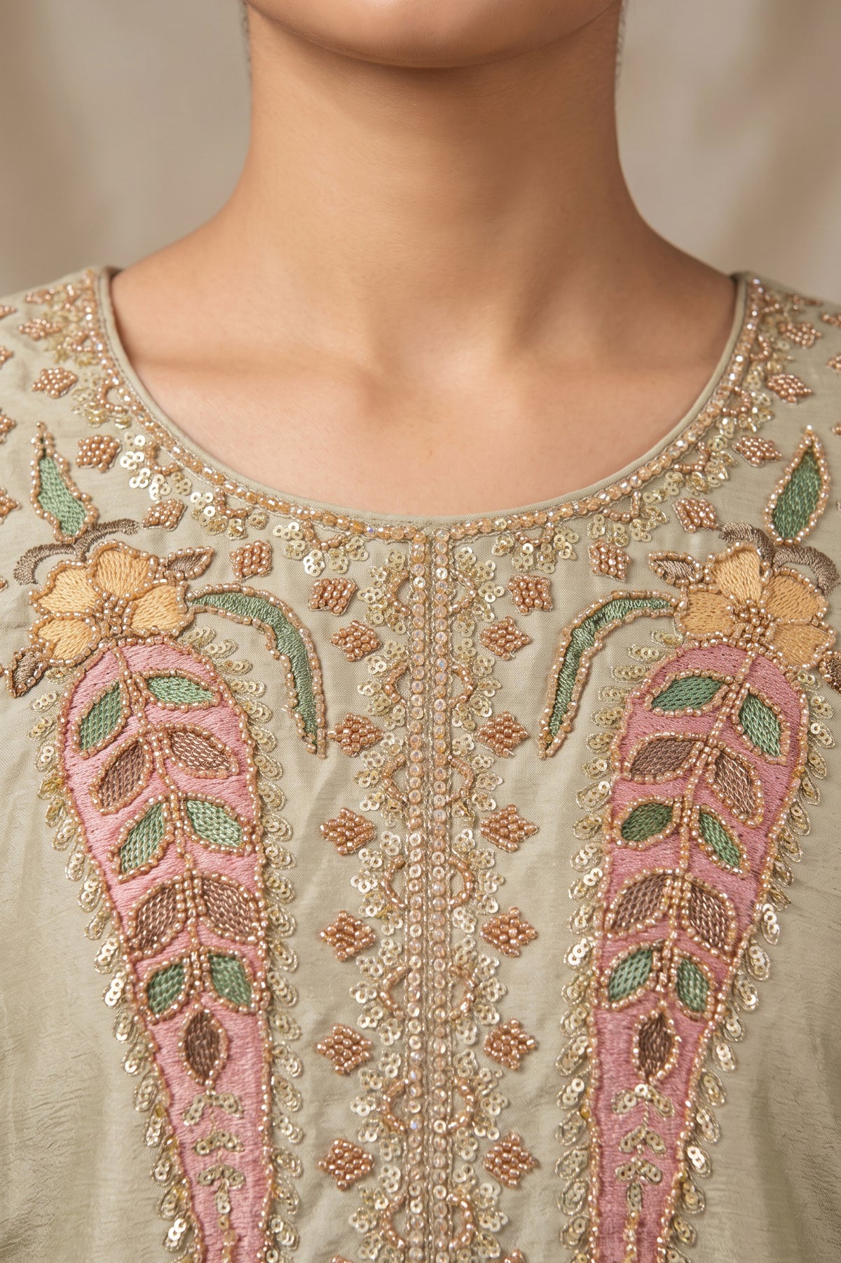 Grey Green Readymade Bead Work Chinon Palazzo Suit-SAR13565_3_SareeButa.com
