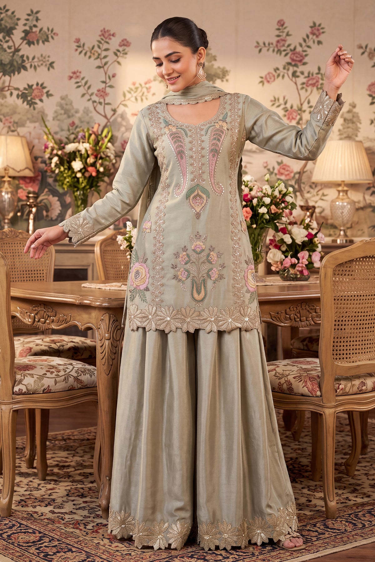 Grey Green Readymade Bead Work Chinon Palazzo Suit-SAR13565_4_SareeButa.com