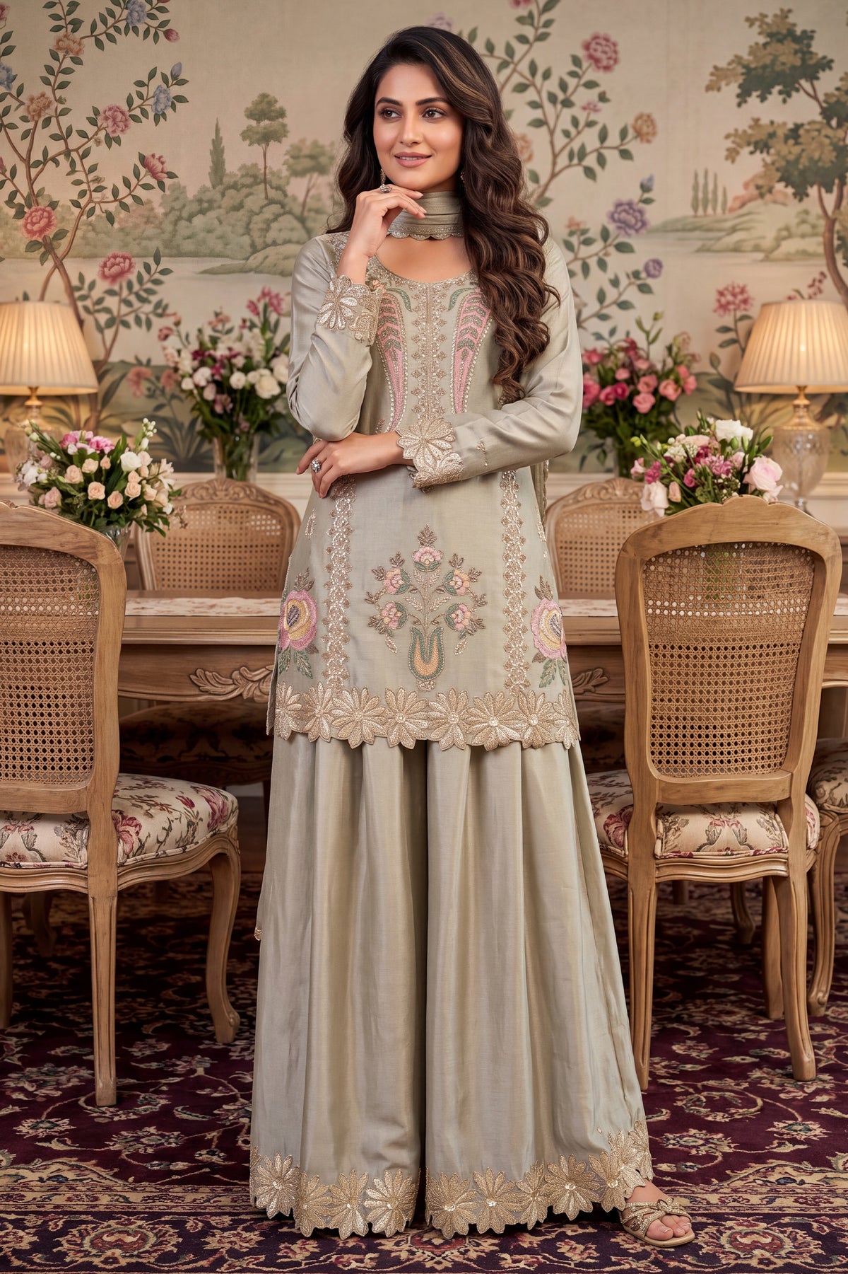 Grey Green Readymade Bead Work Chinon Palazzo Suit-SAR13565_5_SareeButa.com